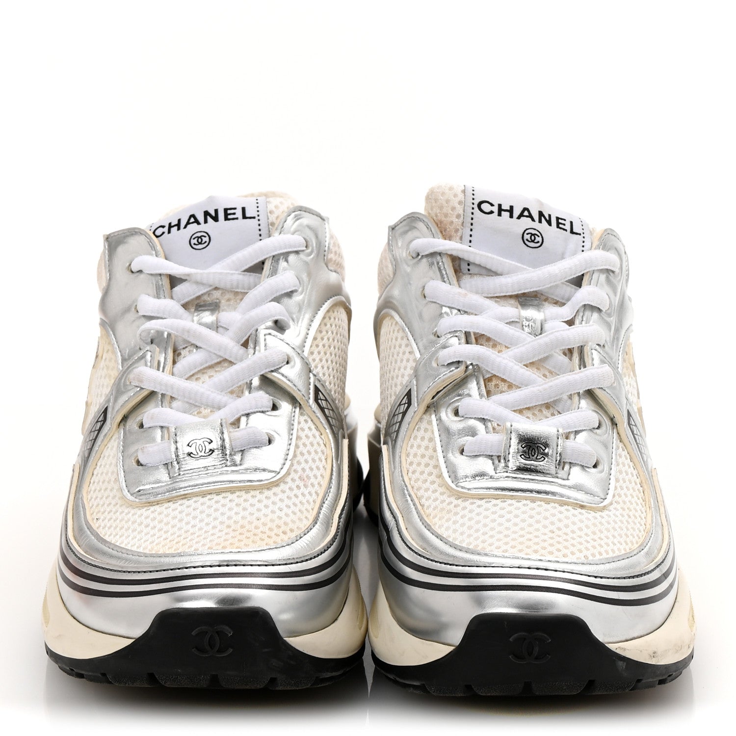 Fabric Laminated Calfskin Stretch CC Sneakers 37 White Silver