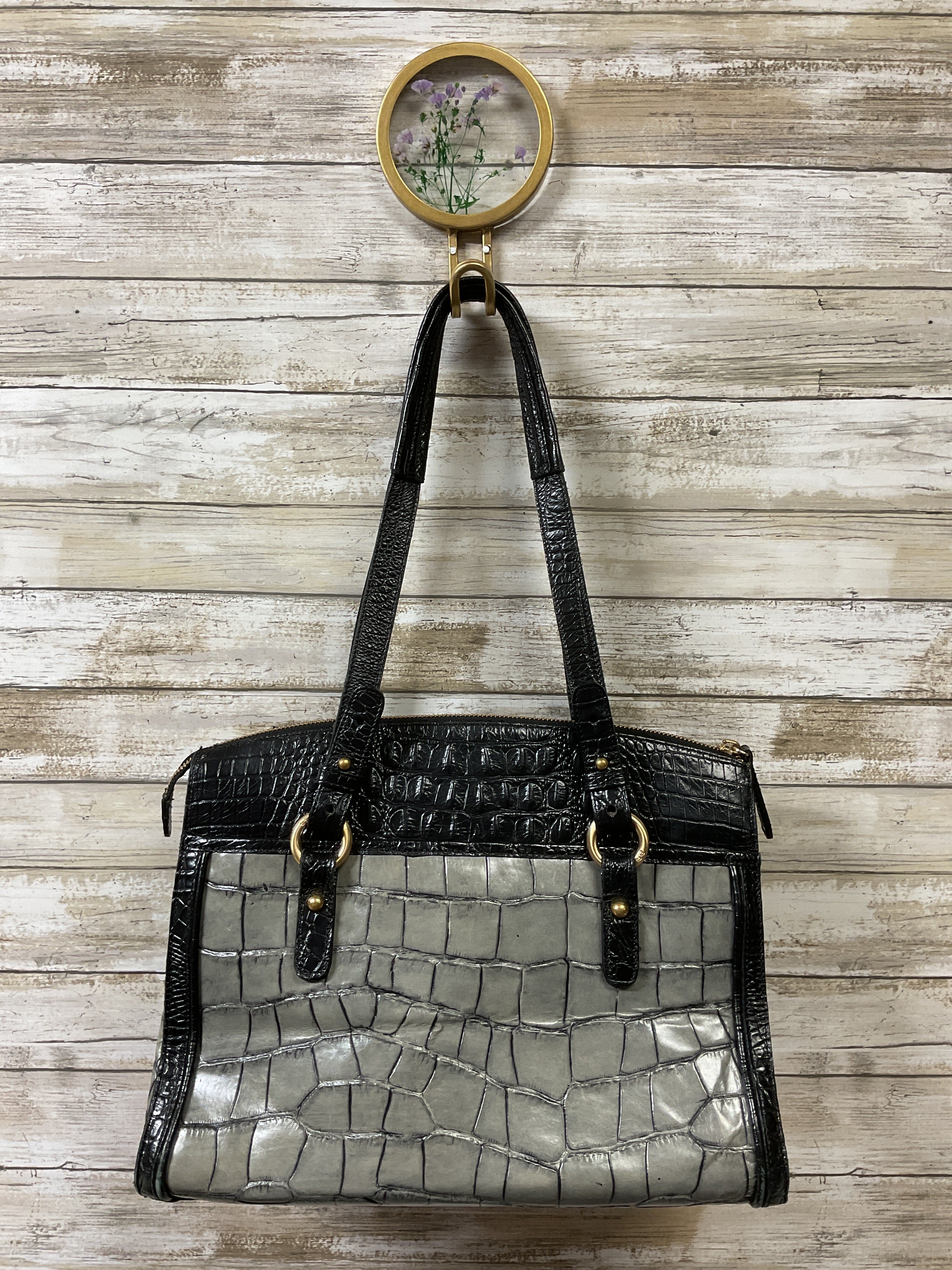 Handbag Designer By Brahmin In Black & Grey, Size:Medium