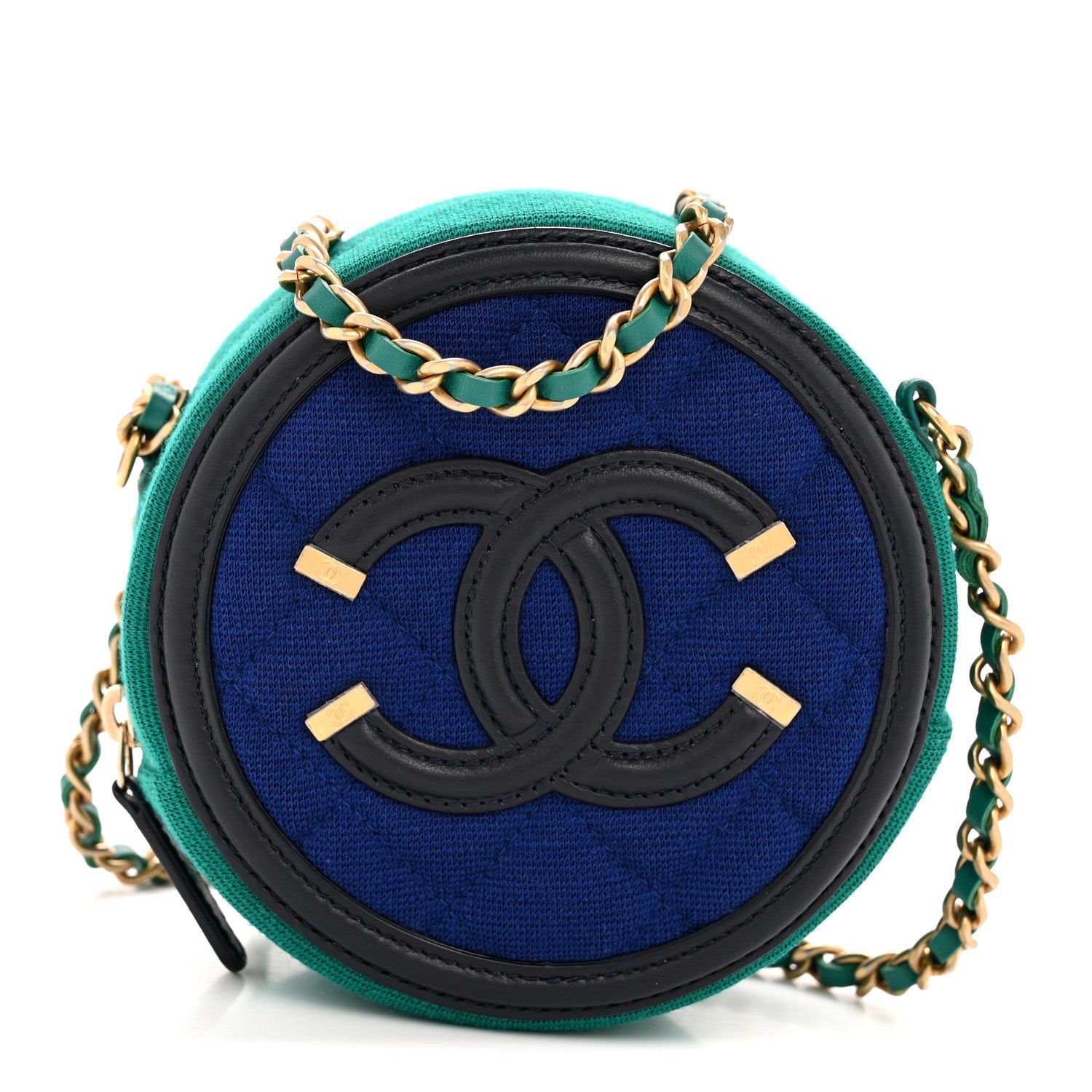 Jersey Quilted CC Filigree Round Clutch With Chain Blue Green Black