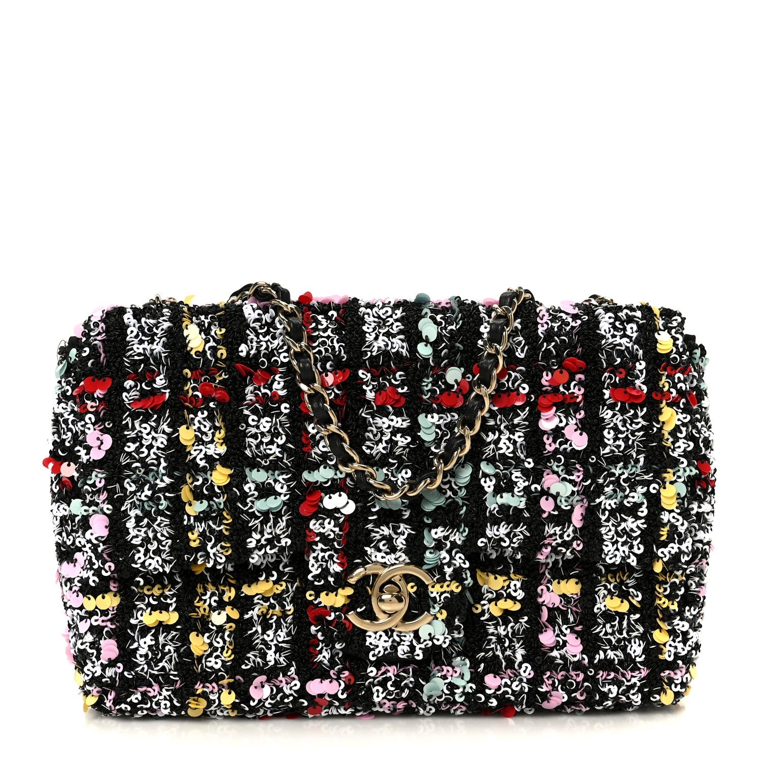 Tweed Sequin Small Single Flap Black Red Multicolor