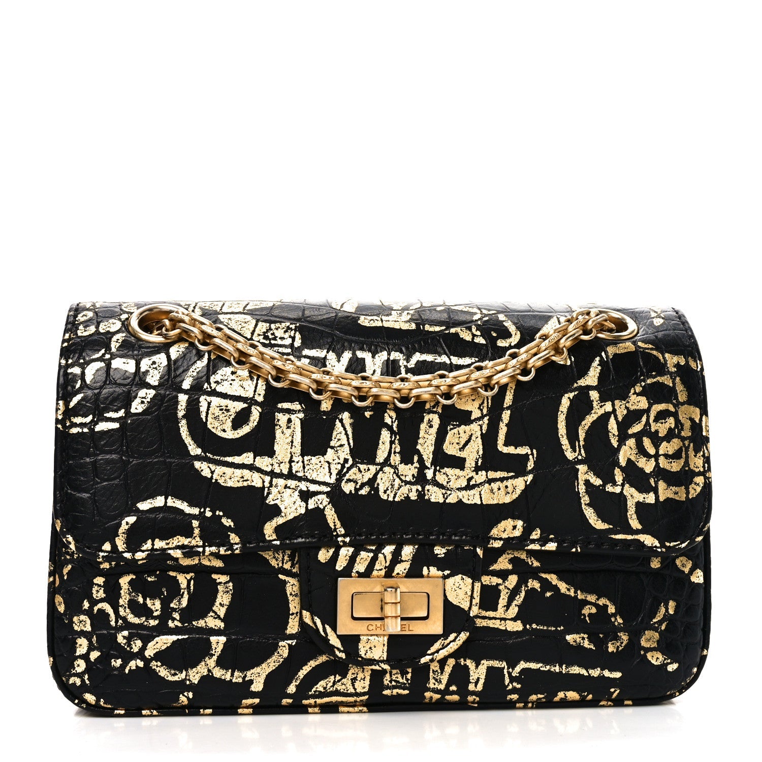 Calfskin Crocodile Embossed Graffiti 2.55 Mini Cocodile Reissue Flap Black Gold