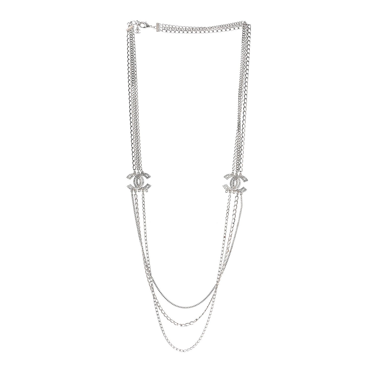 Crystal CC Multi Strand Long Chain Necklace Silver