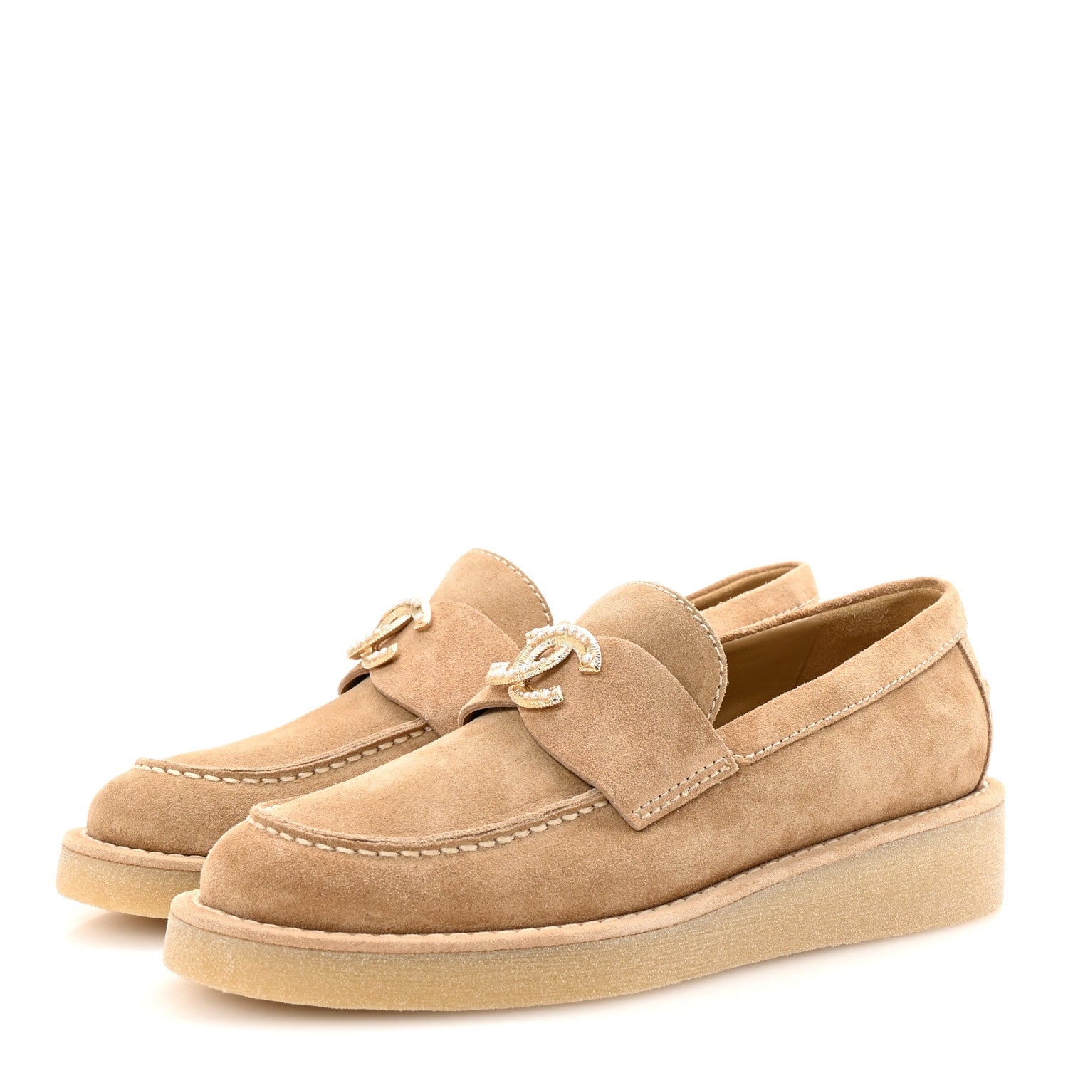 Suede Calfskin Pearl CC Moccasin Loafers 36.5 Dark Beige