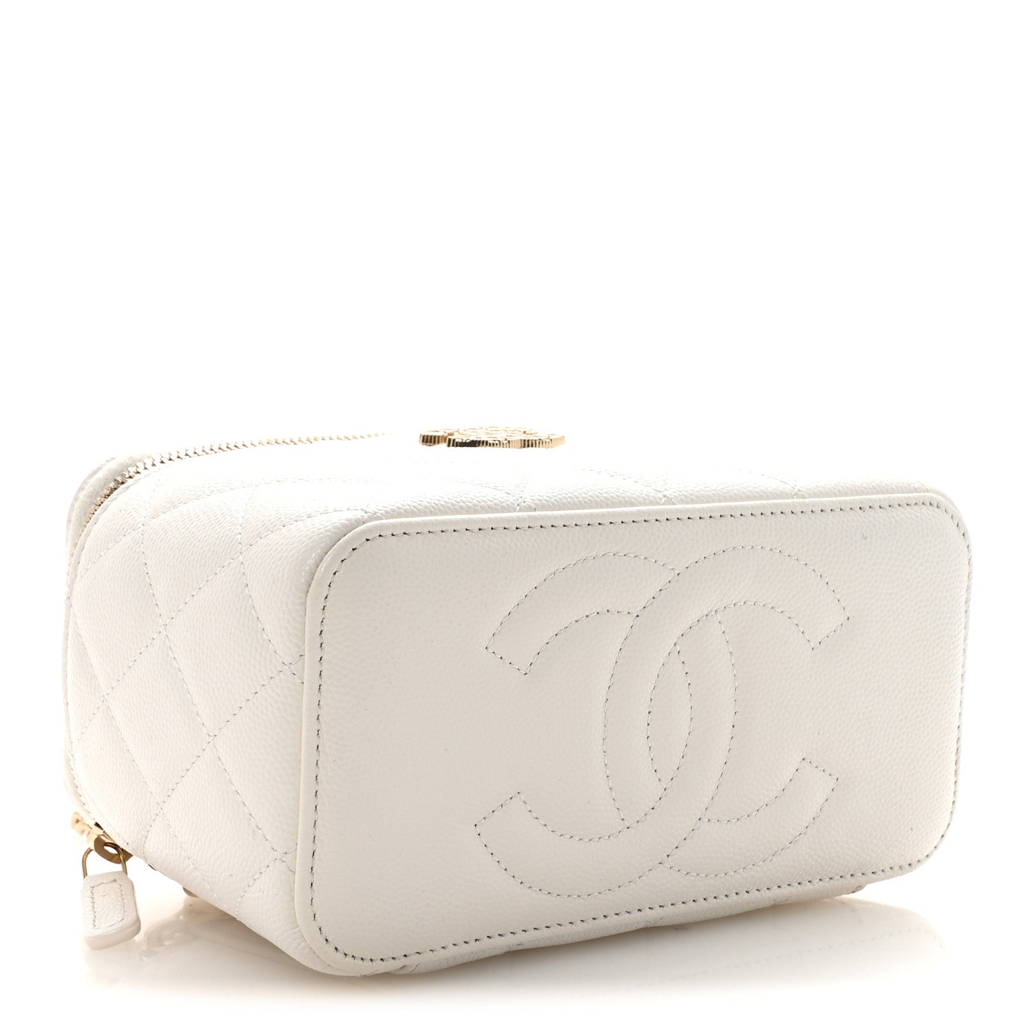 Caviar Quilted Crystal Hearts Small Vanity Case With Chain White