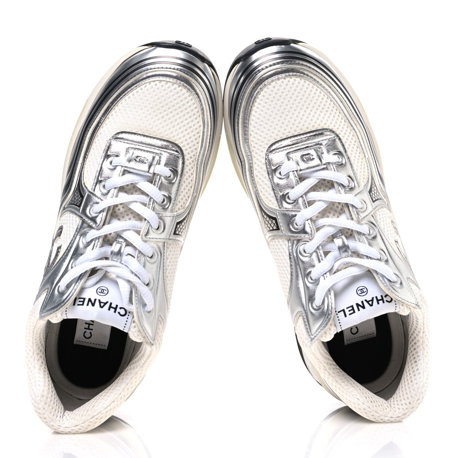 Fabric Laminated Calfskin Stretch CC Womens Sneakers 40 White Silver