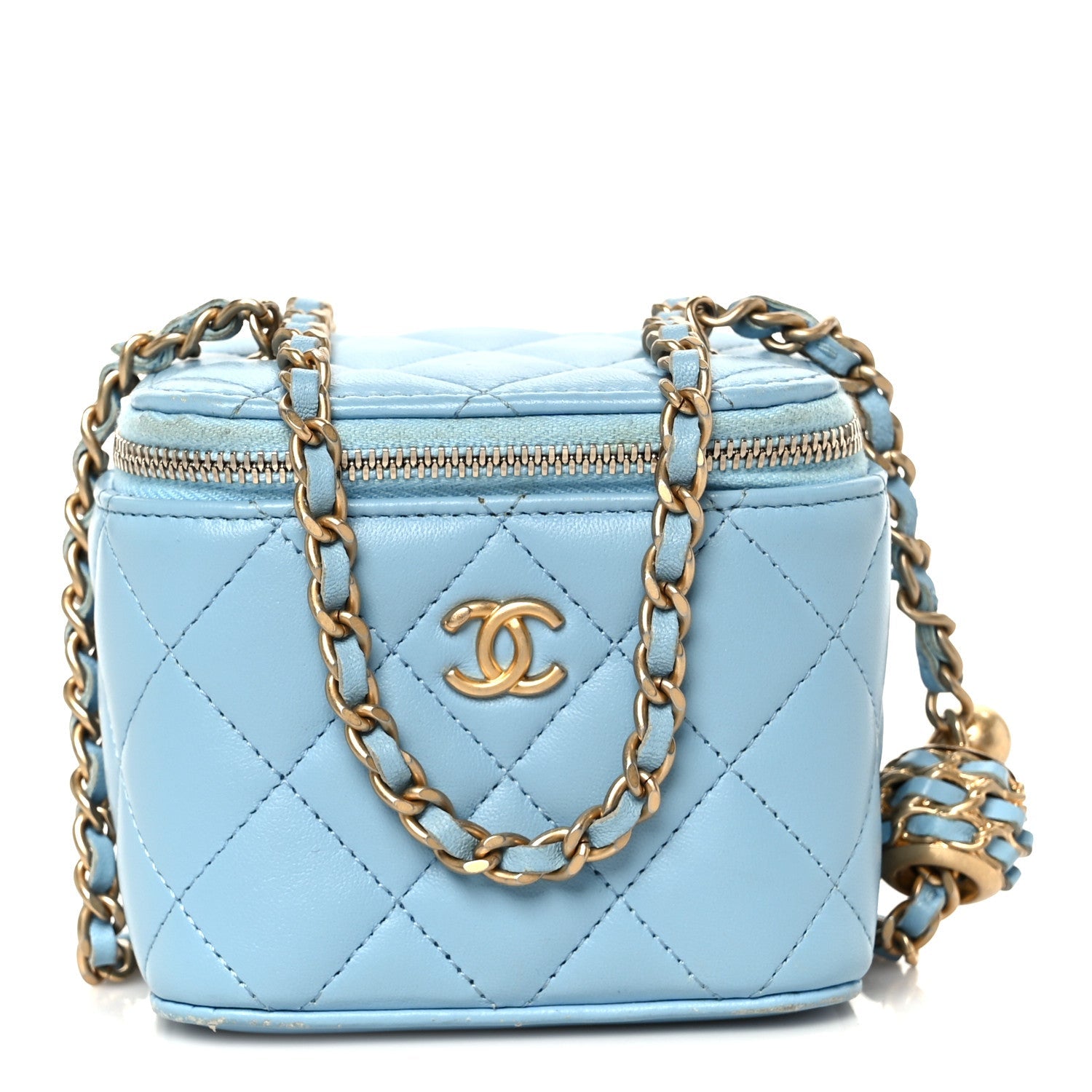 Lambskin Quilted Pearl Crush Mini Vanity Case With Chain Light Blue