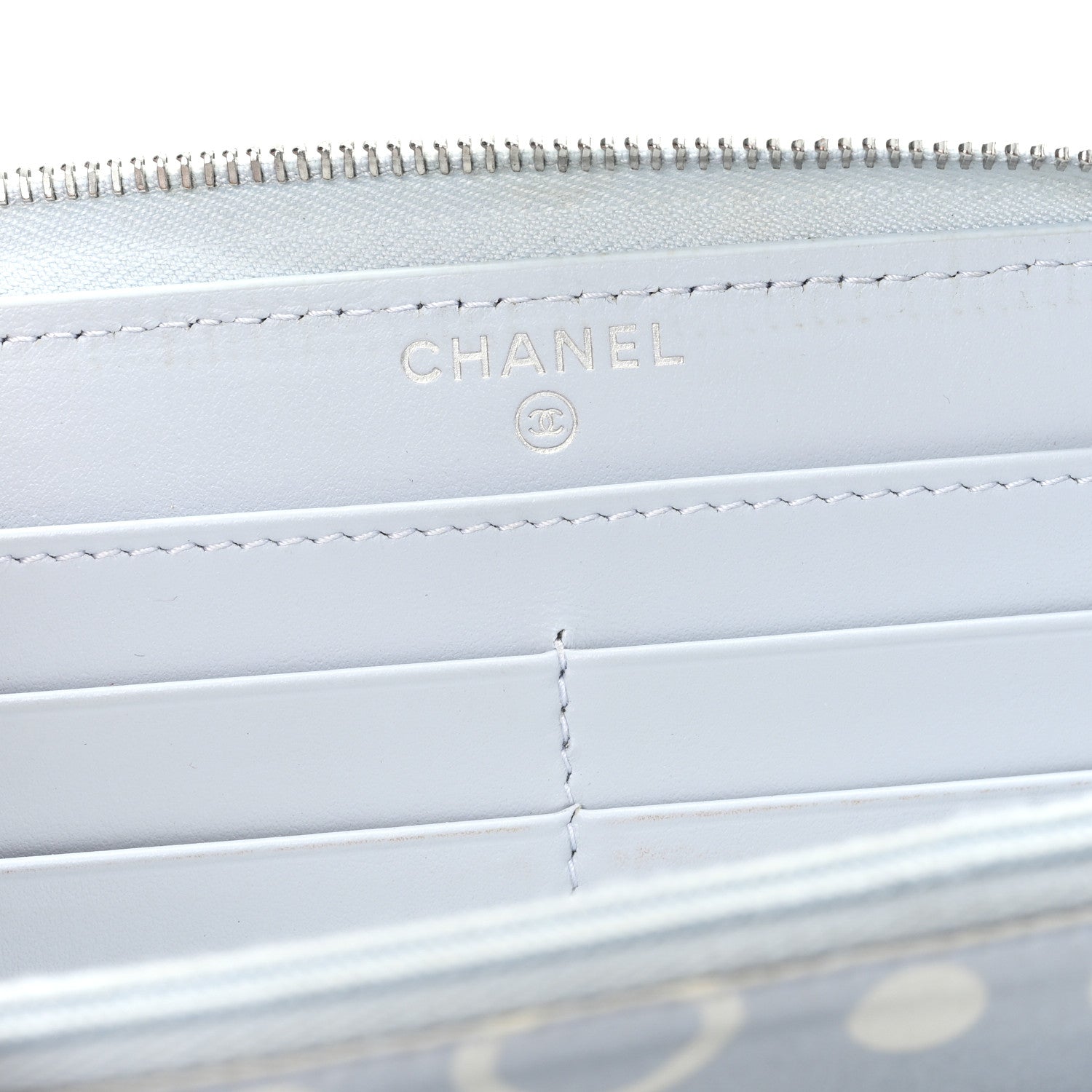 Caviar Quilted Coco Chanel Logo CC Large Gusset Zip Around Wallet Light Blue