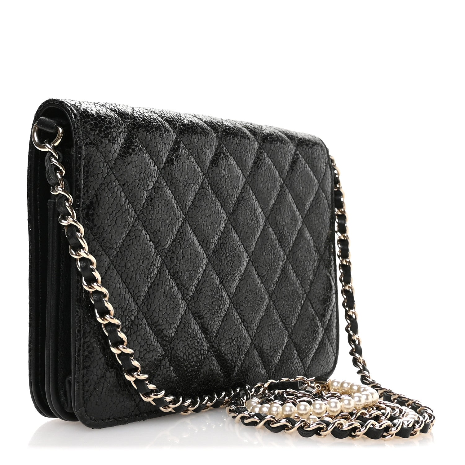 Crackled Patent Calfskin Quilted Pearl Wallet On Chain WOC Black