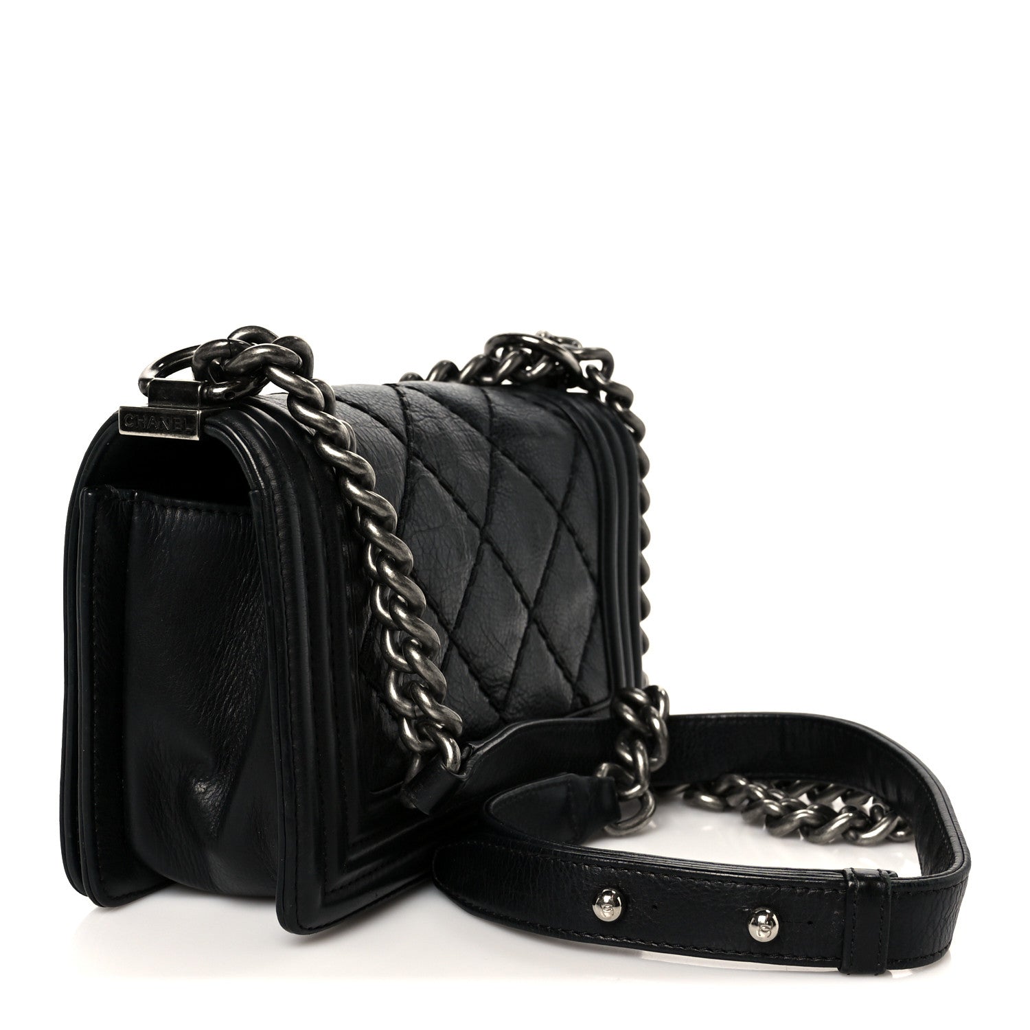 Calfskin Double Stitch Small Boy Flap Black