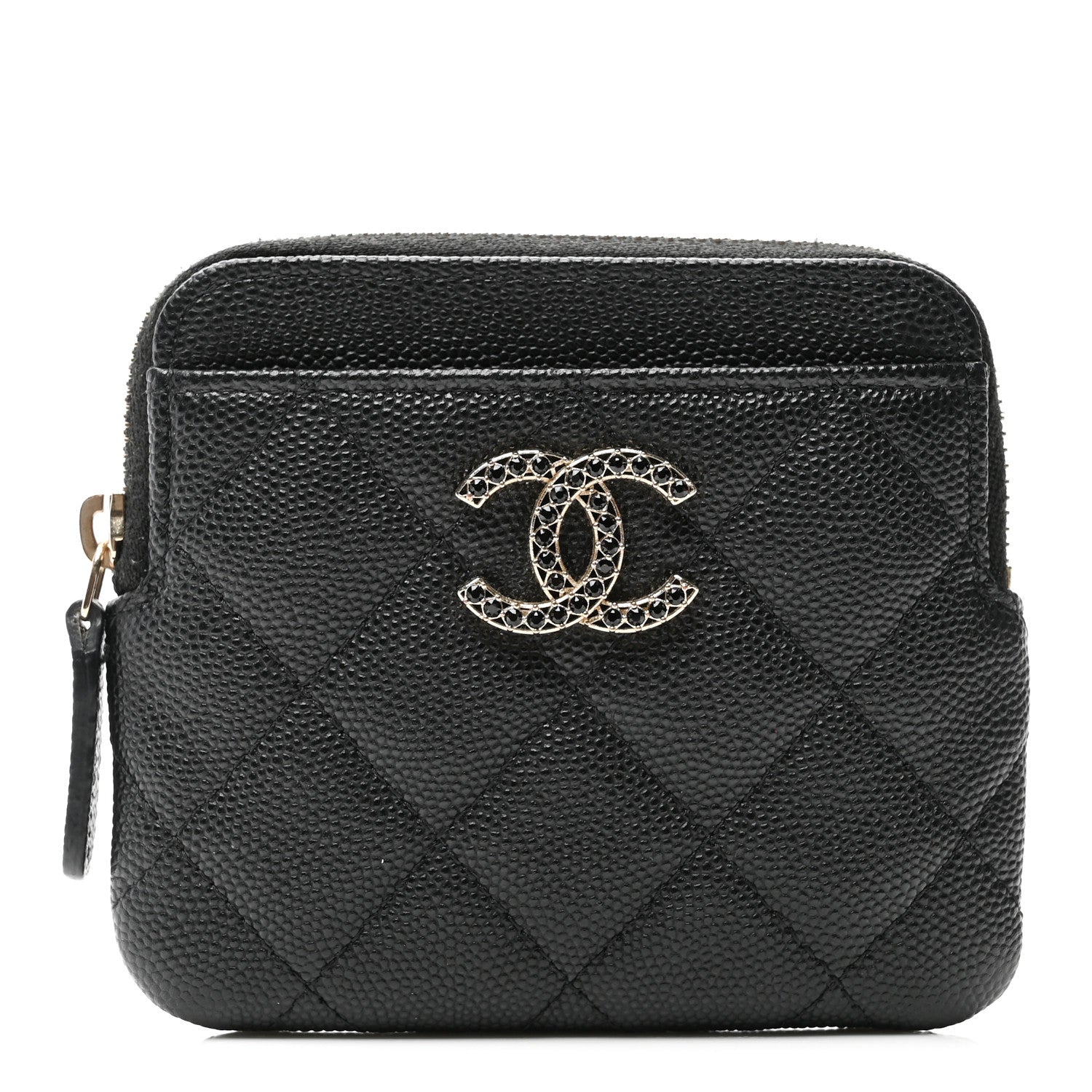 Caviar Quilted Crystal Zip Card Holder Wallet Black