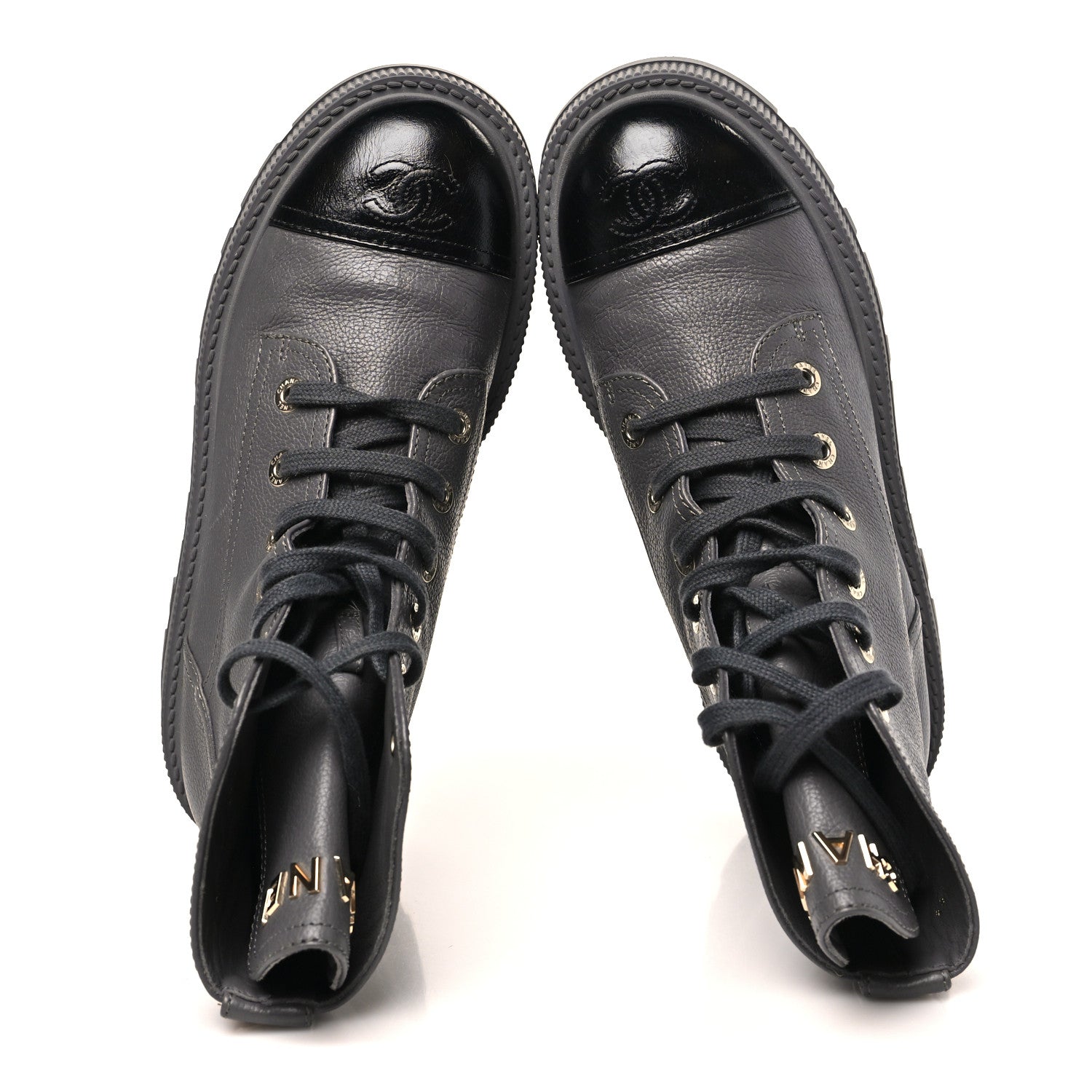 Grained Calfskin Shiny Calfskin CC Lace Up Combat Boots 39.5 Grey
