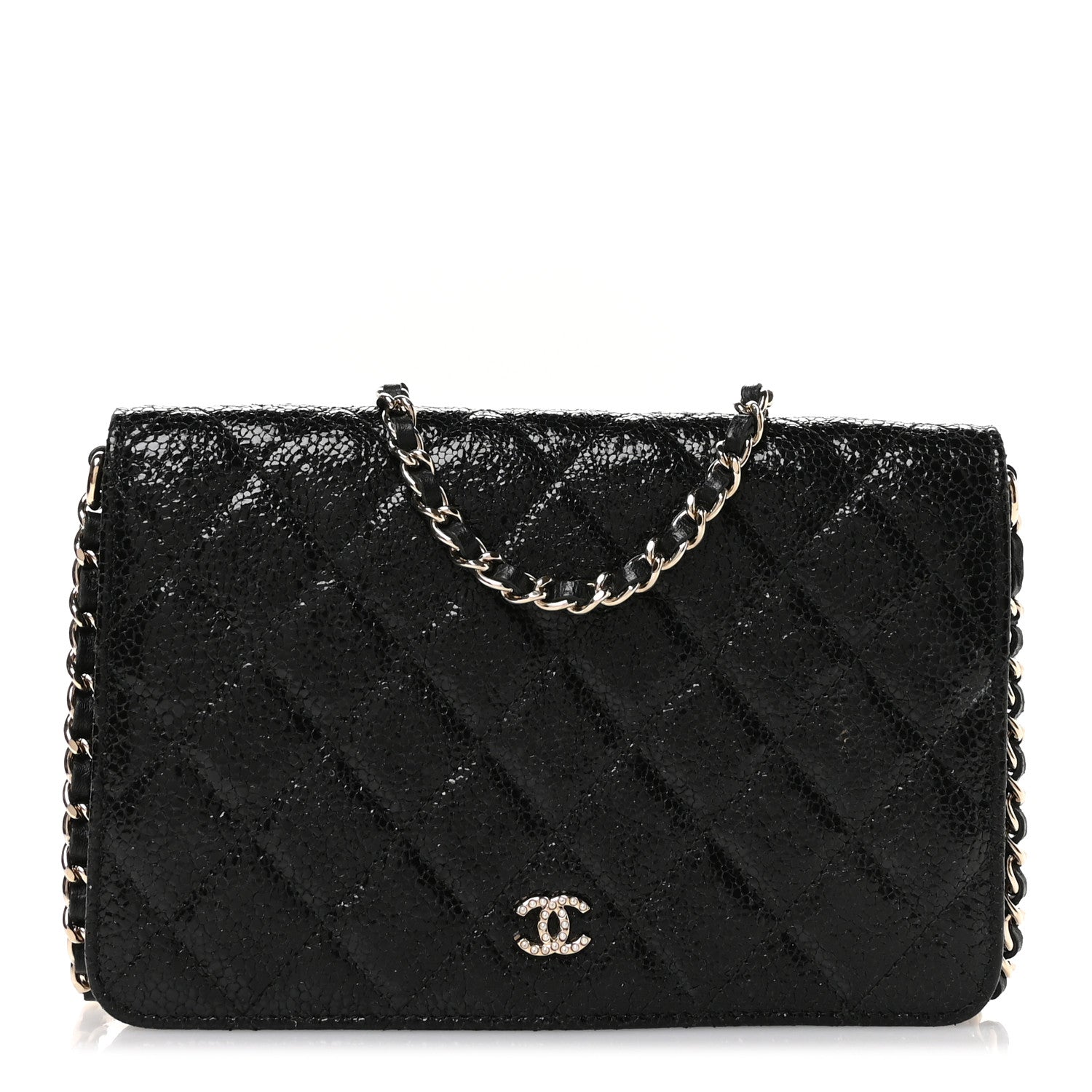 Crackled Patent Calfskin Quilted Pearl Wallet On Chain WOC Black