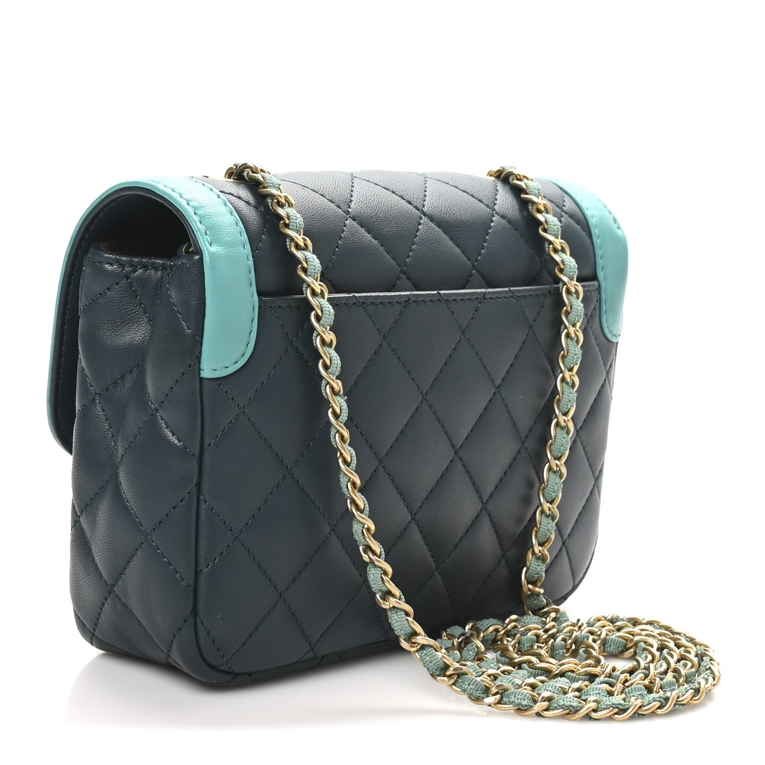 Lambskin Quilted Two Tone Day Flap Navy Turquoise