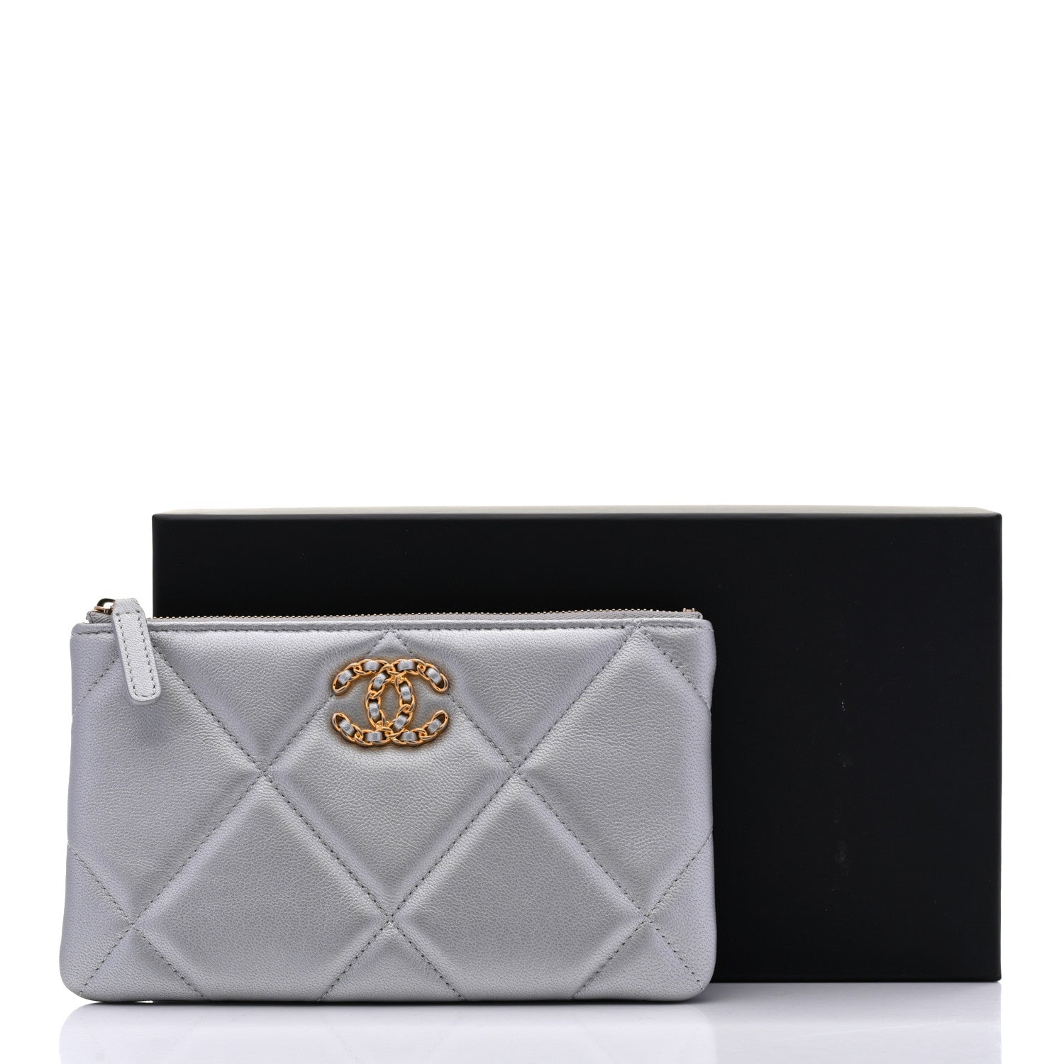 Shiny Goatskin Quilted Small Chanel 19 Pouch Silver