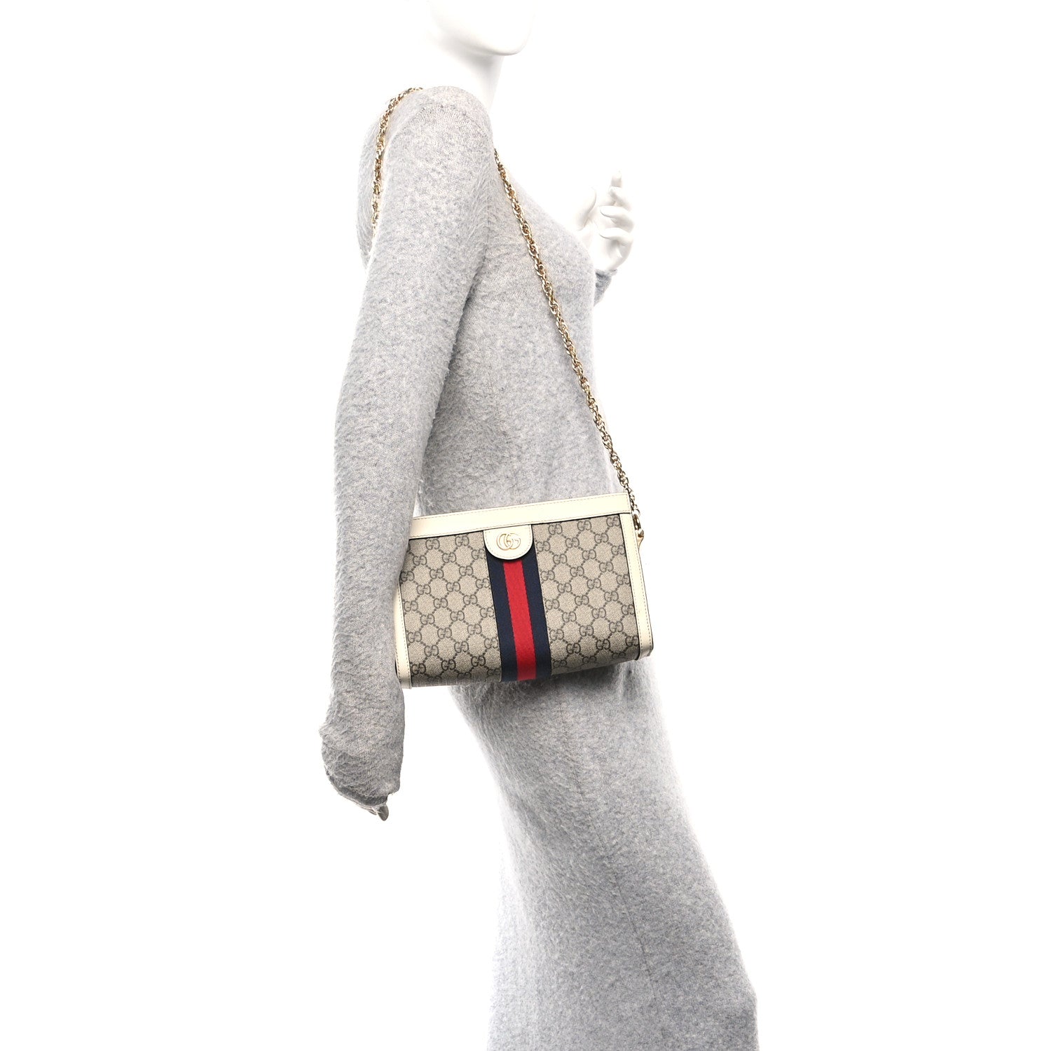 GG Supreme Monogram Textured Calfskin Web Small Ophidia Chain Shoulder Bag Beige Ebony Mystic White