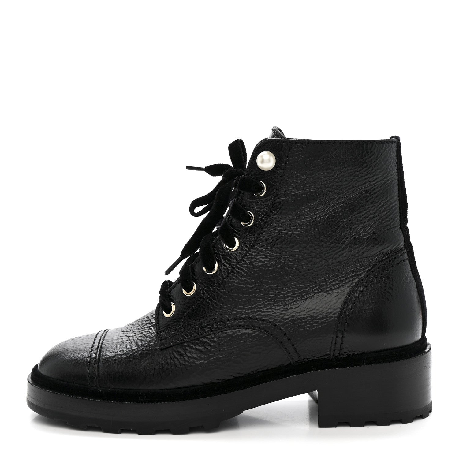Shiny Calfskin Velvet Pearl Combat Short Boots 38 Black