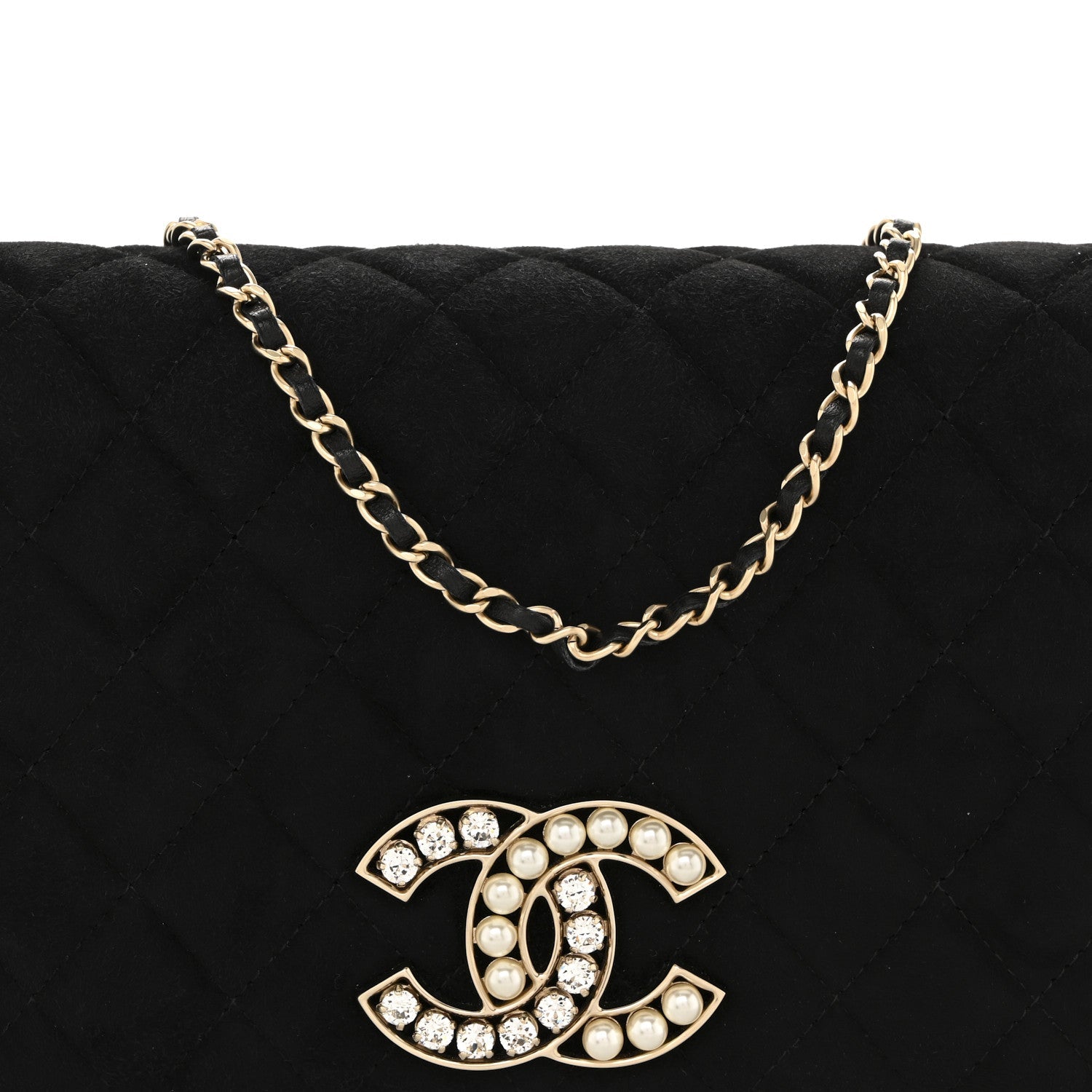 Suede Quilted Crystal Pearl CC Flap Black