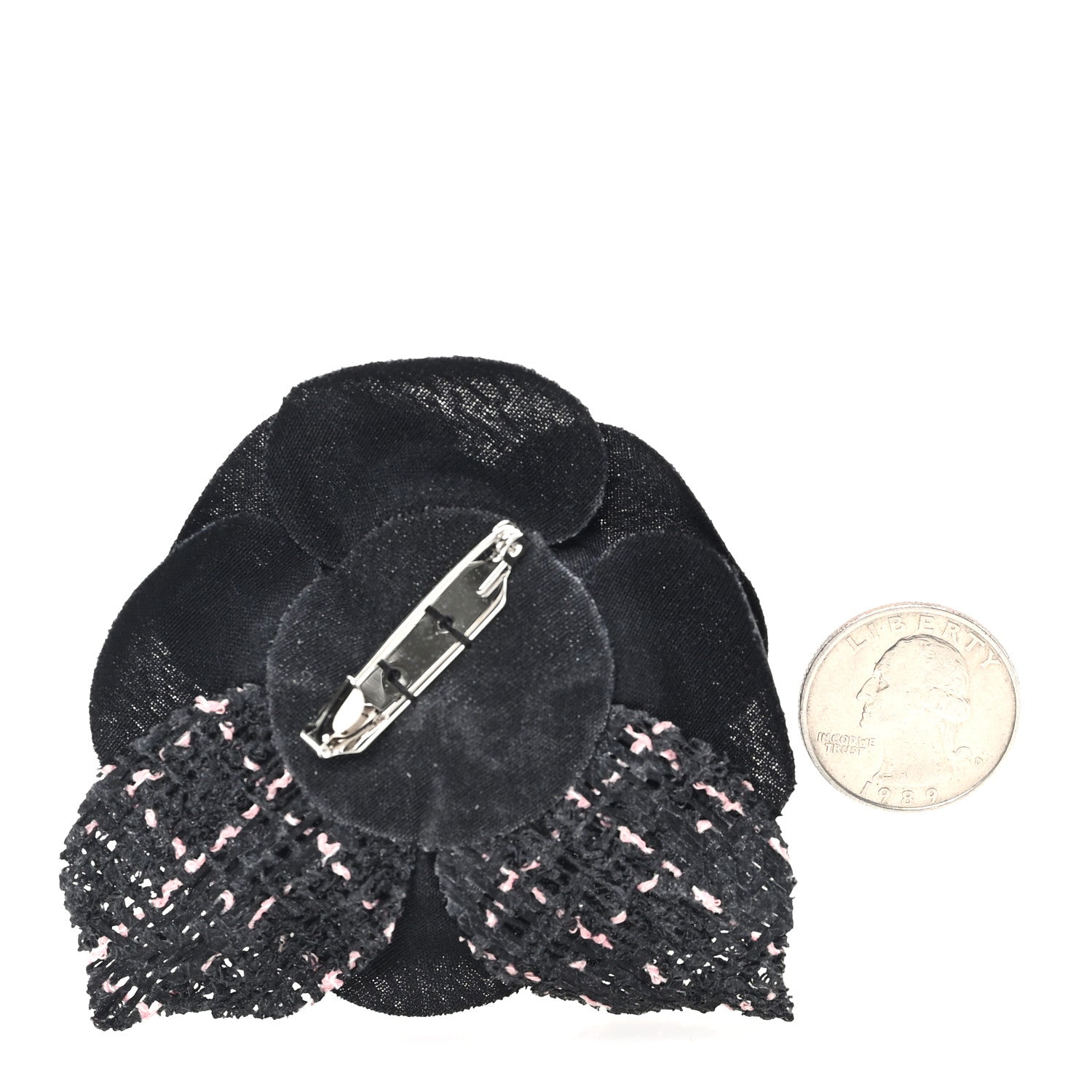 Tweed Camellia Pin Brooch Black Pink