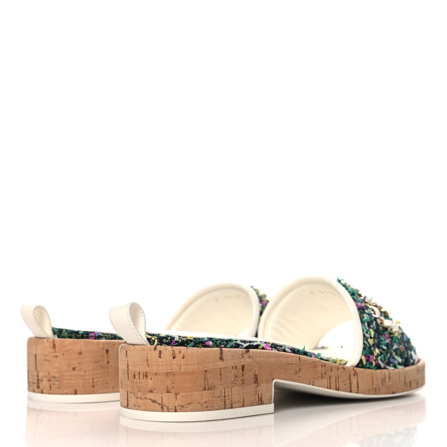 Tweed Cork CC Chain Mule Sandal 36.5 Green Multicolor