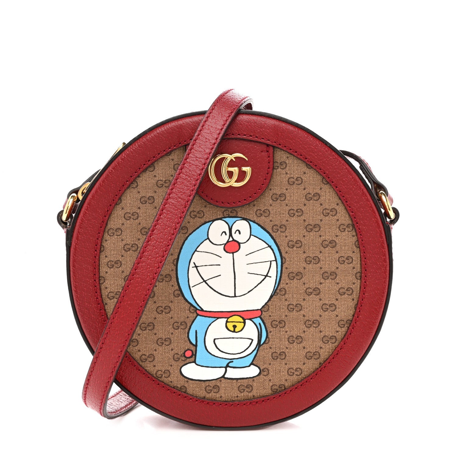 X DORAEMON Mini Vintage GG Supreme Monogram Mini Round Shoulder Bag Beige Cherry Red