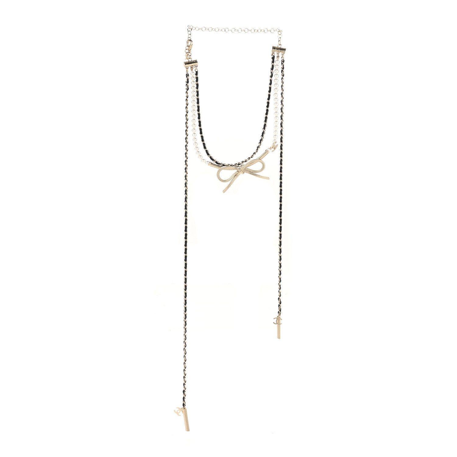 Calfskin Pearl Metal CC Bow Necklace Gold White Black