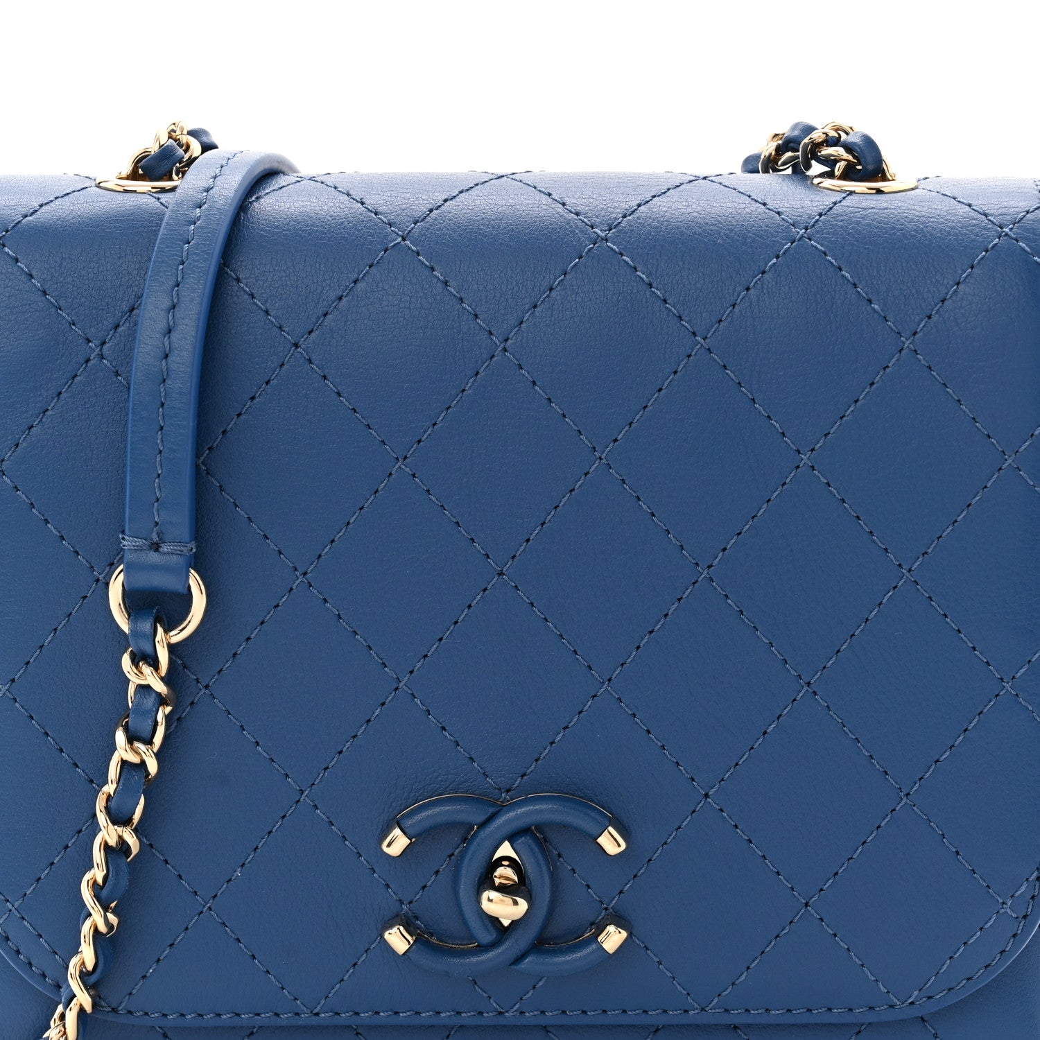 Calfskin Stitched Small Covered CC Flap Bag Blue