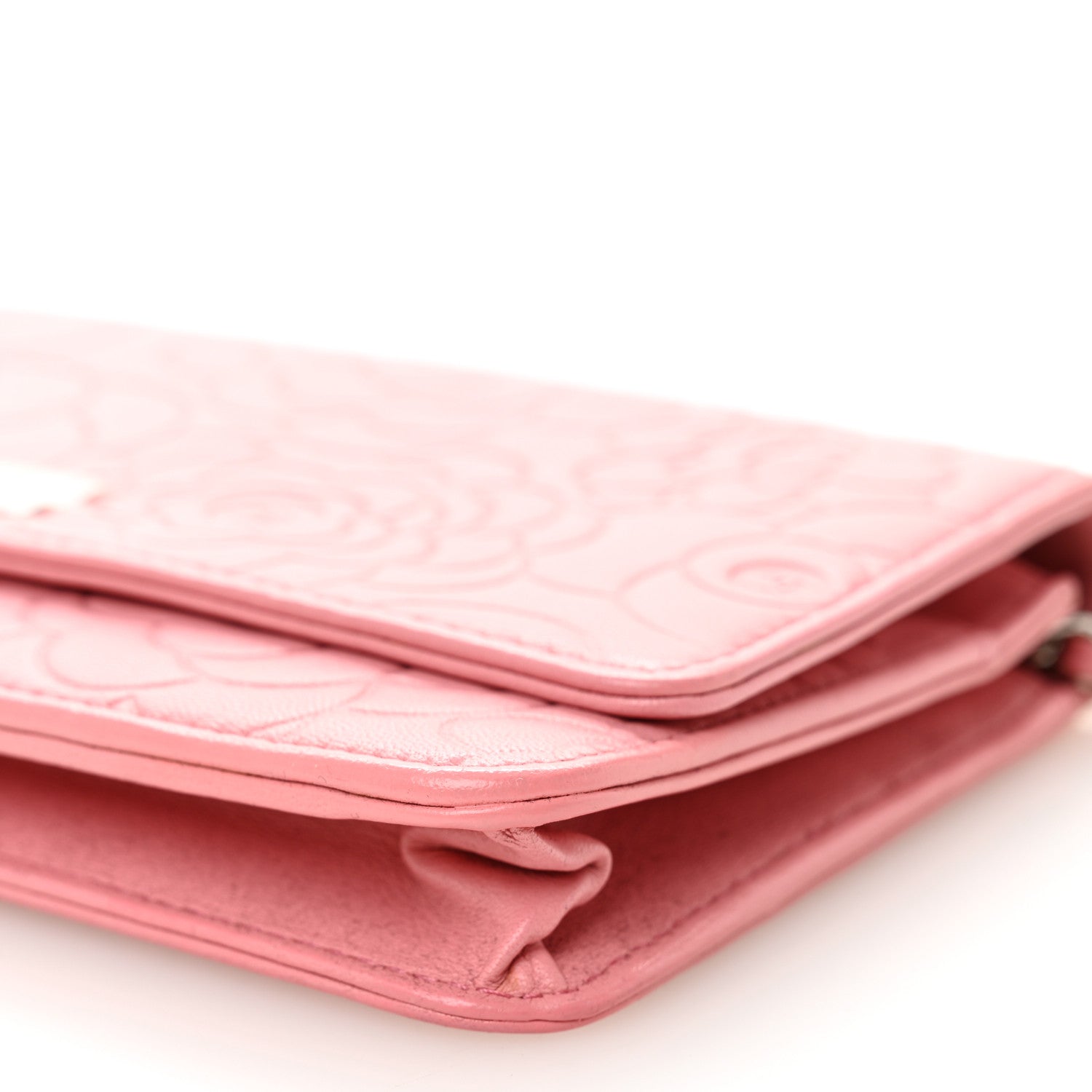 Lambskin Camellia Embossed Wallet on Chain WOC Pink