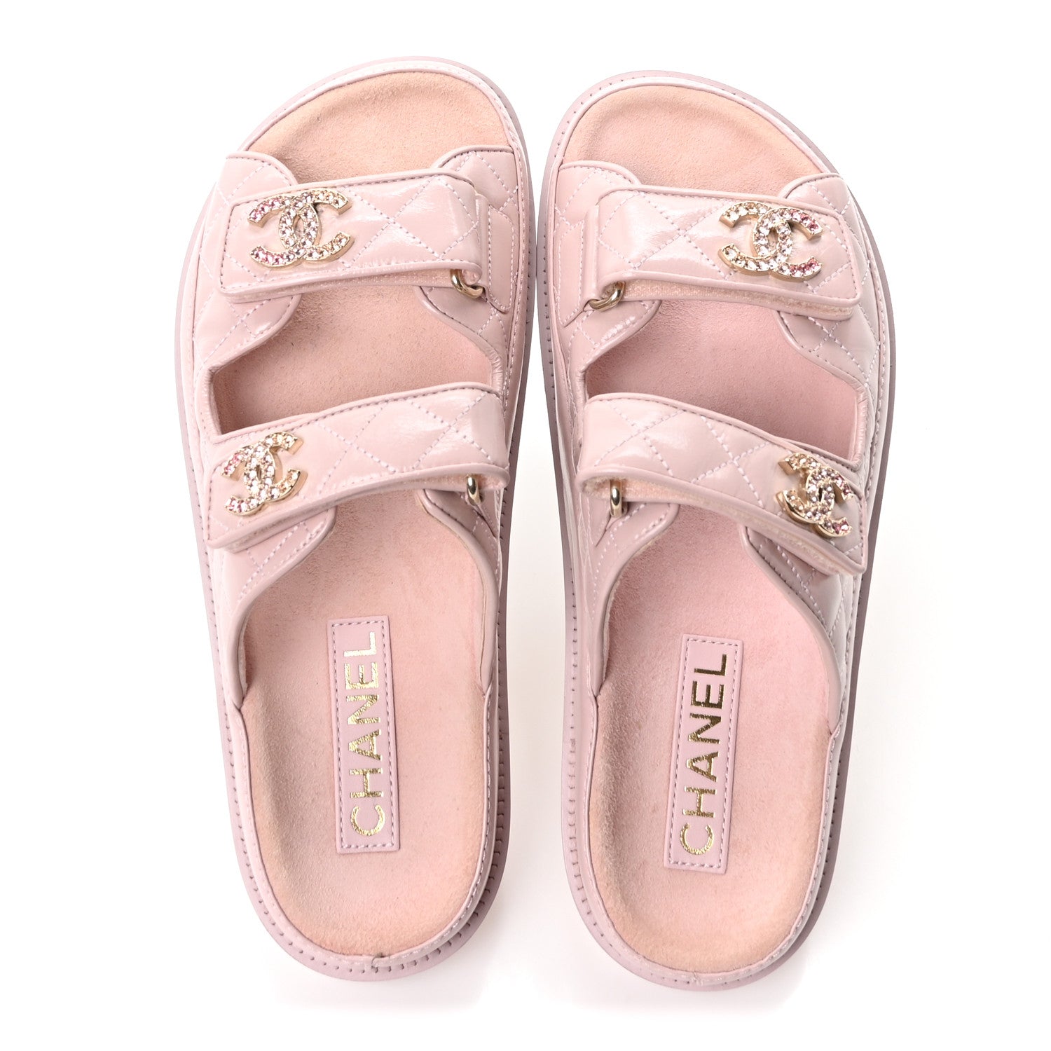 Shiny Calfskin Quilted Velcro Dad Crystal CC Slide Sandals 37.5 Light Pink
