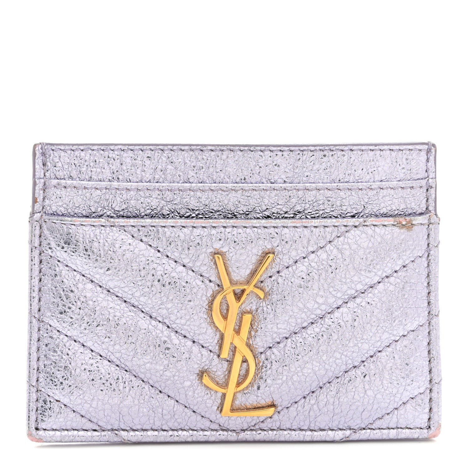 Metallic Crackled Calfskin Matelasse Chevron Monogram Credit Card Case Silver