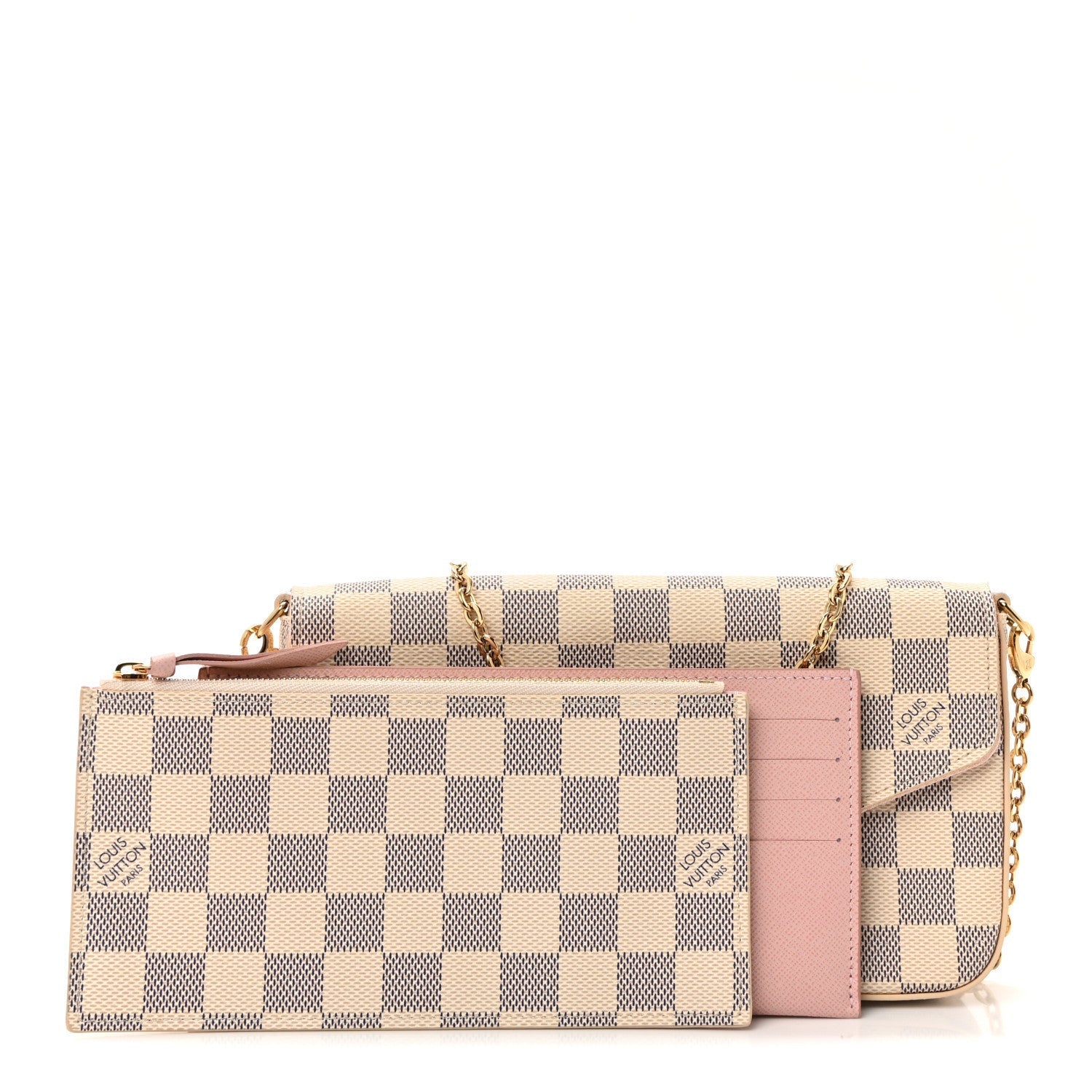 Damier Azur Pochette Felicie Chain Wallet Rose Ballerine