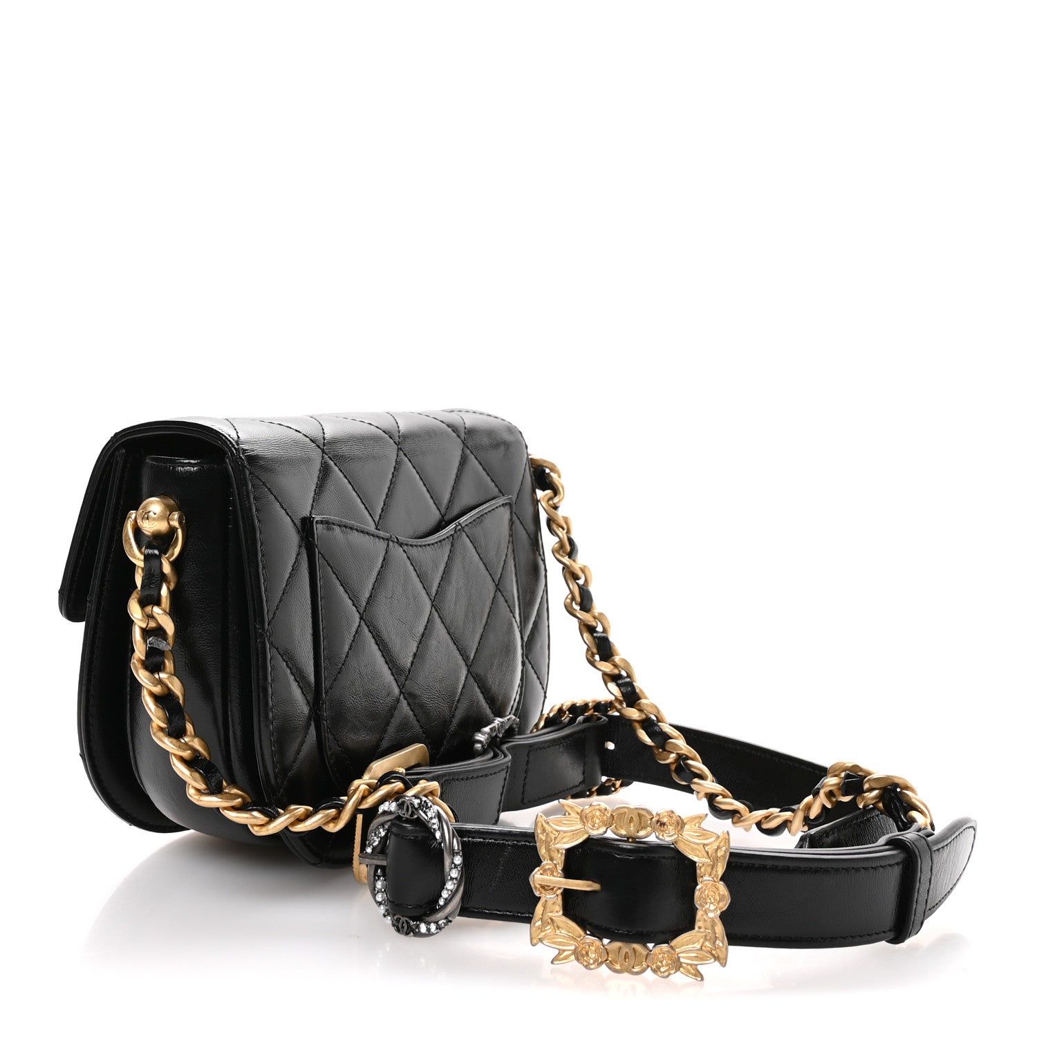 Shiny Calfskin Quilted Buckle Moon Messenger Black