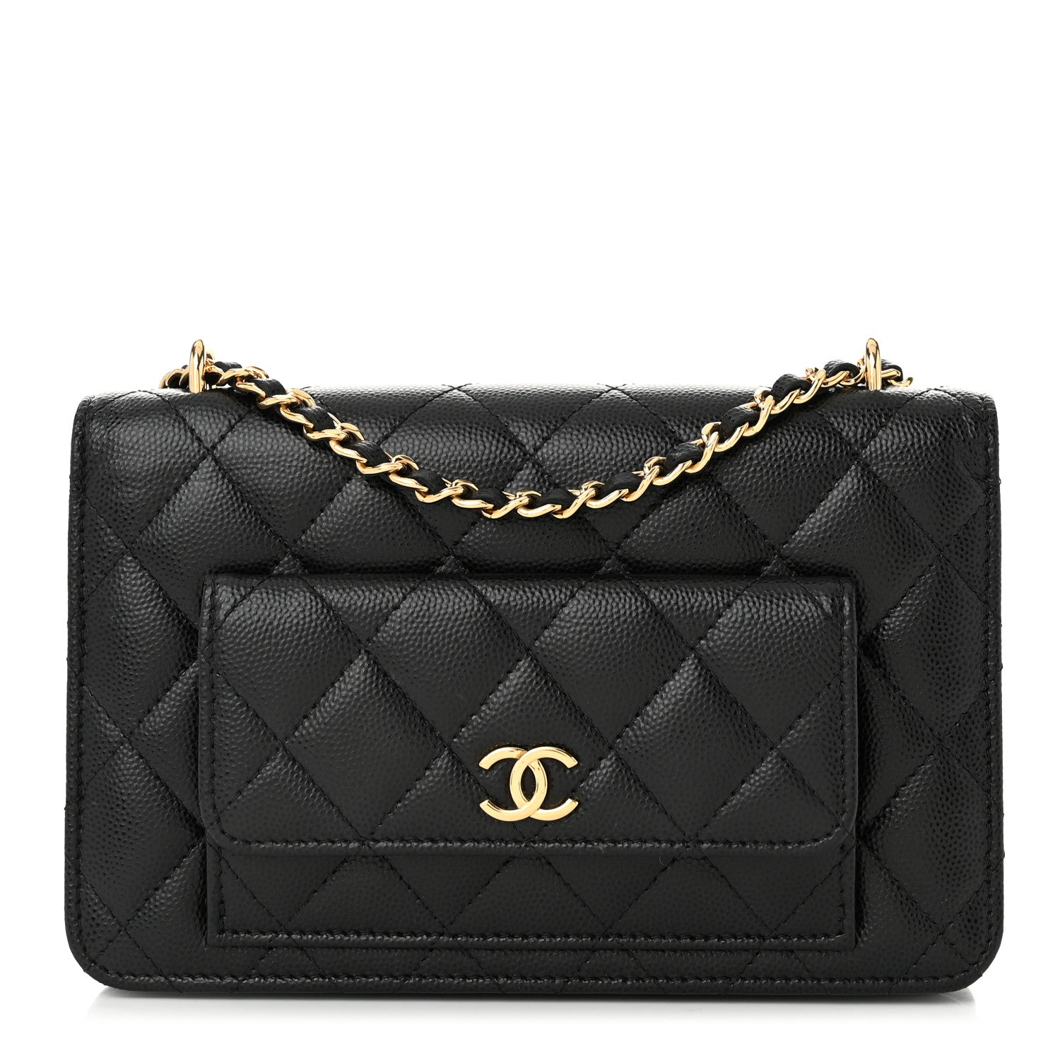 Caviar Quilted Pocket Clutch With Chain WOC Black