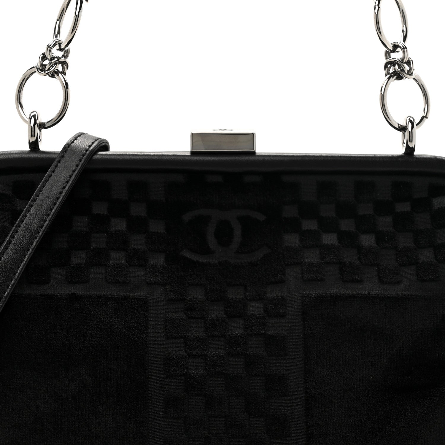 Velvet Checkered Kiss Lock Shoulder Bag Black