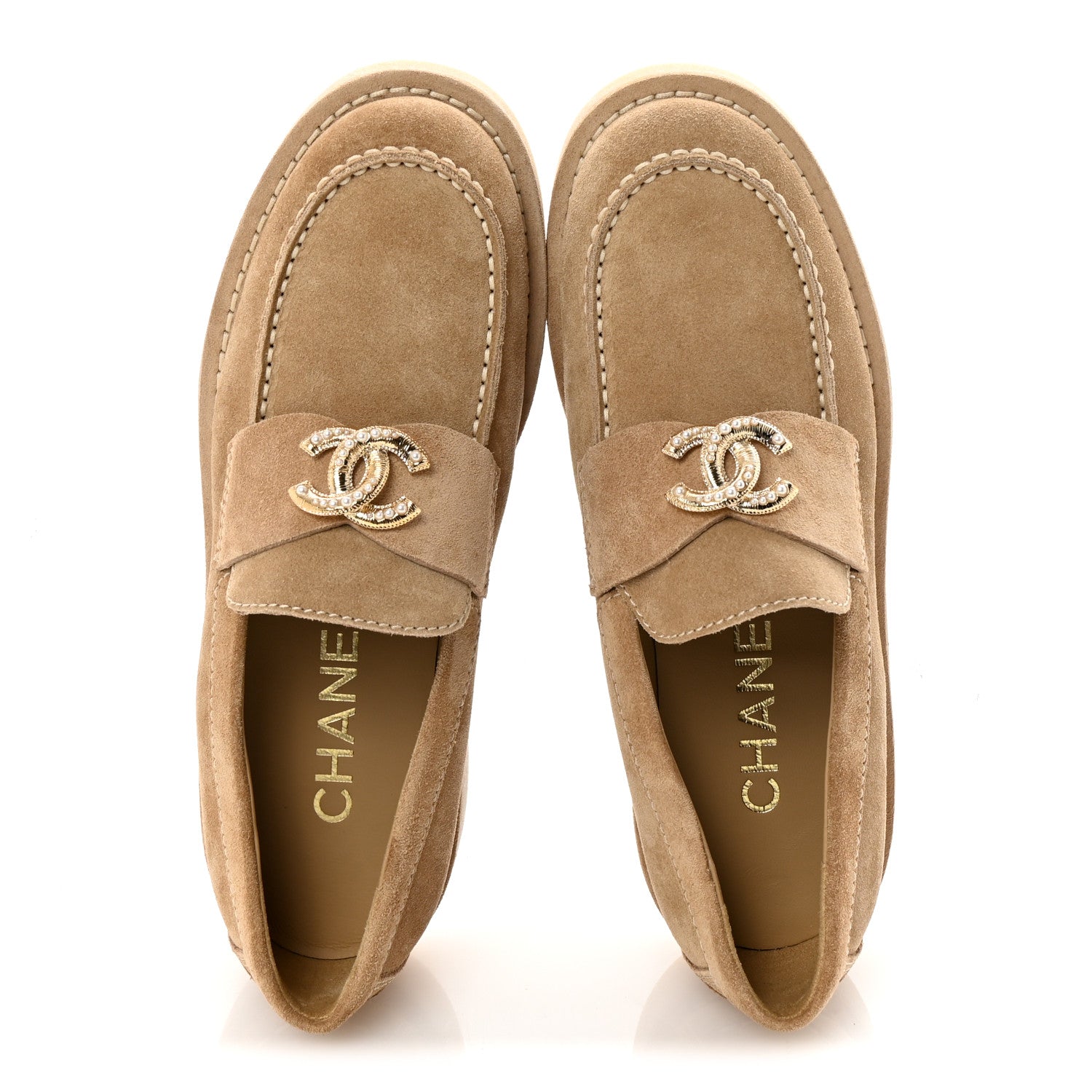 Suede Calfskin Pearl CC Moccasin Loafers 36.5 Dark Beige