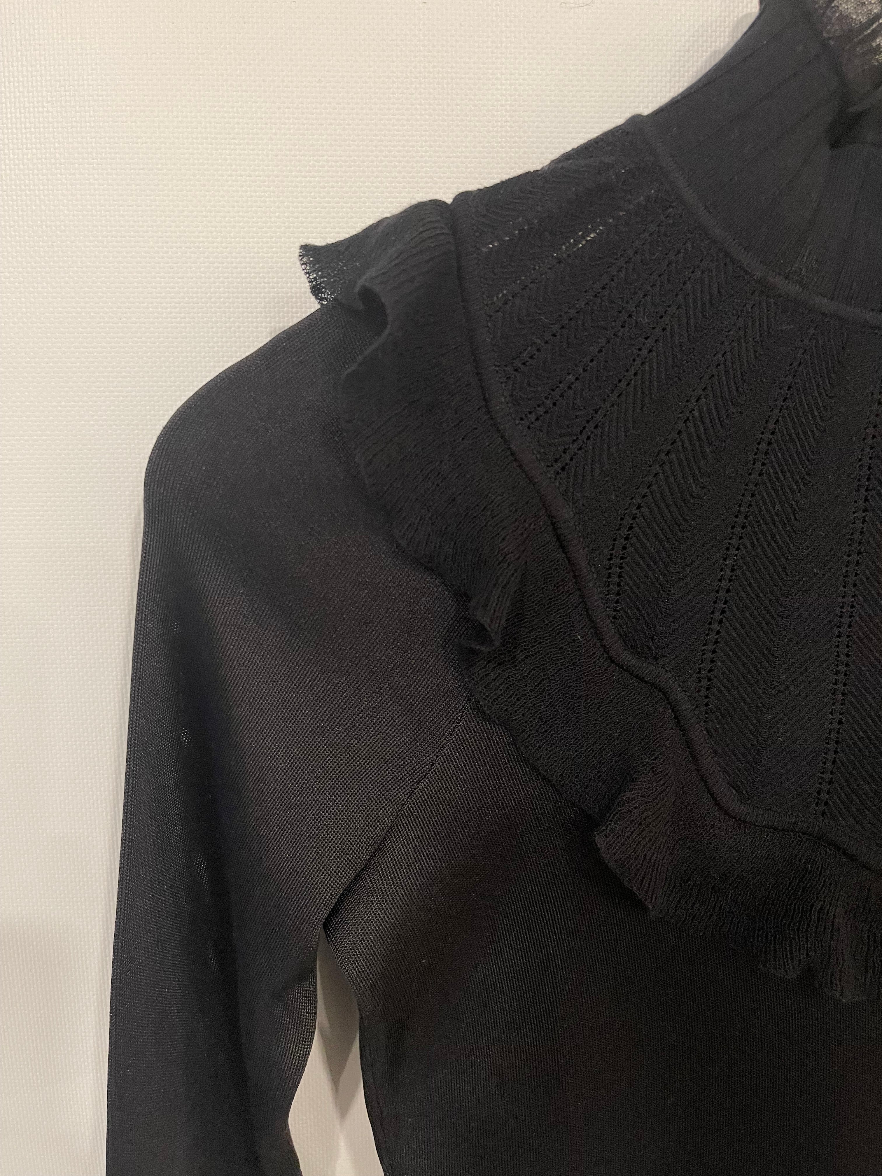 Hermès Black Ruffle Long Sleeve Top with Collar Detail Size FR 34 (UK 6)