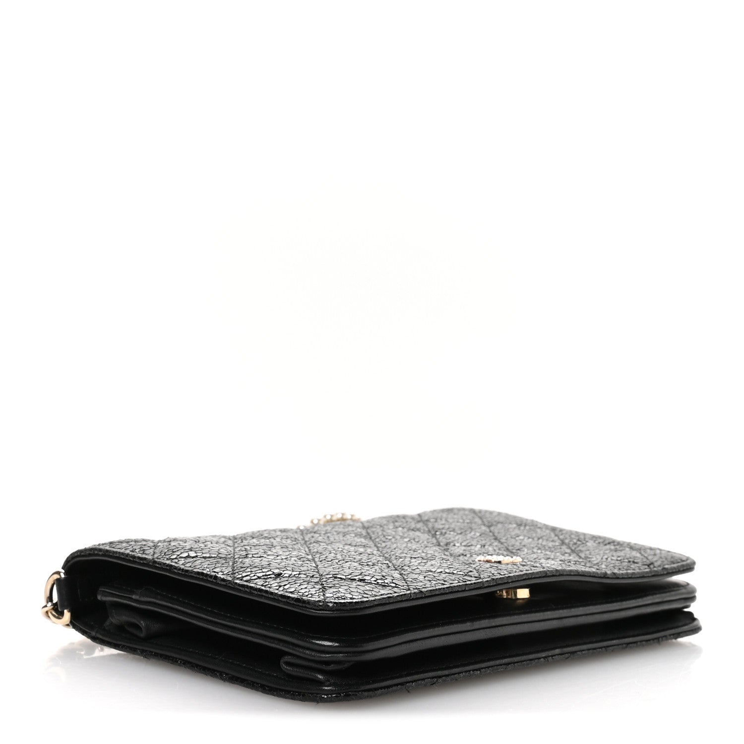 Crackled Patent Calfskin Quilted Pearl Wallet On Chain WOC Black