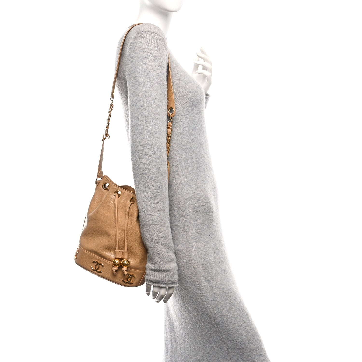 Caviar CC Drawstring Shoulder Bag Beige