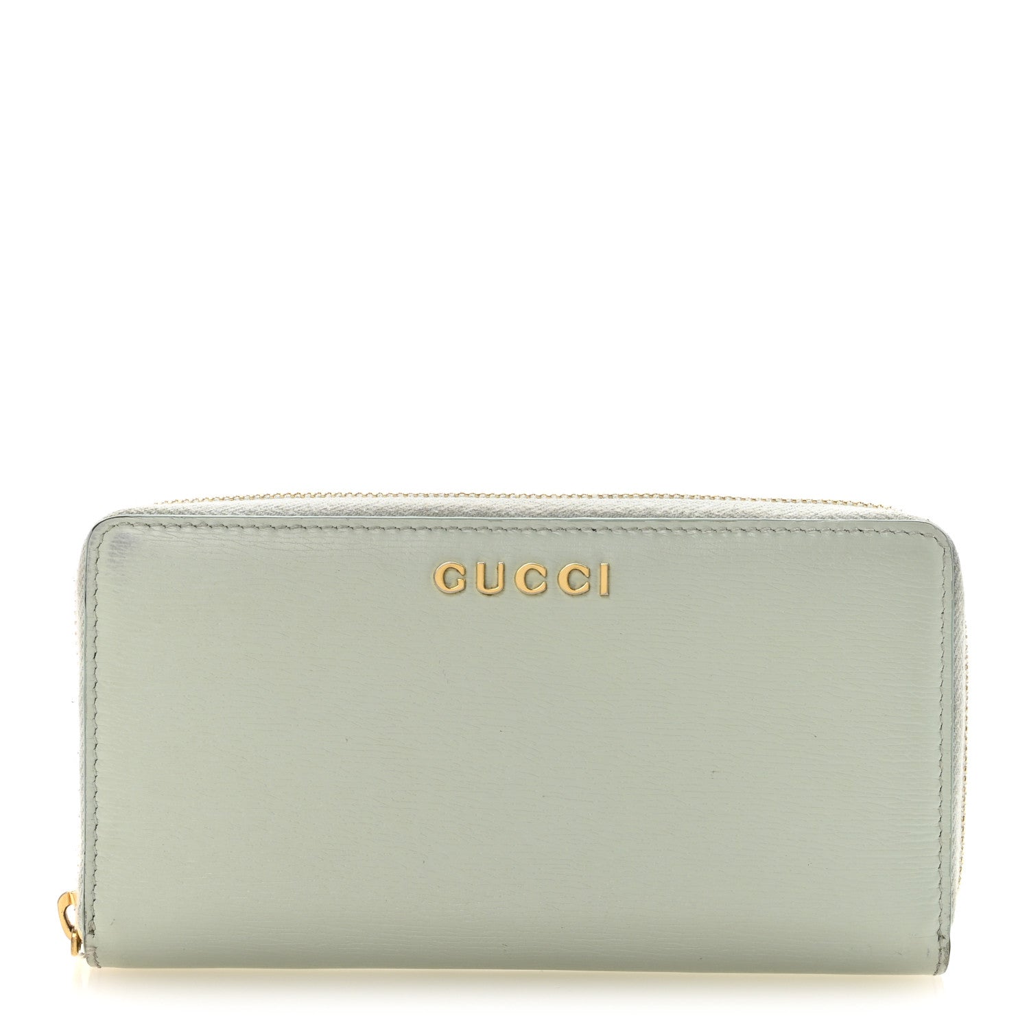 Textured Calfskin Gucci Script Zip Around Wallet Light Blue