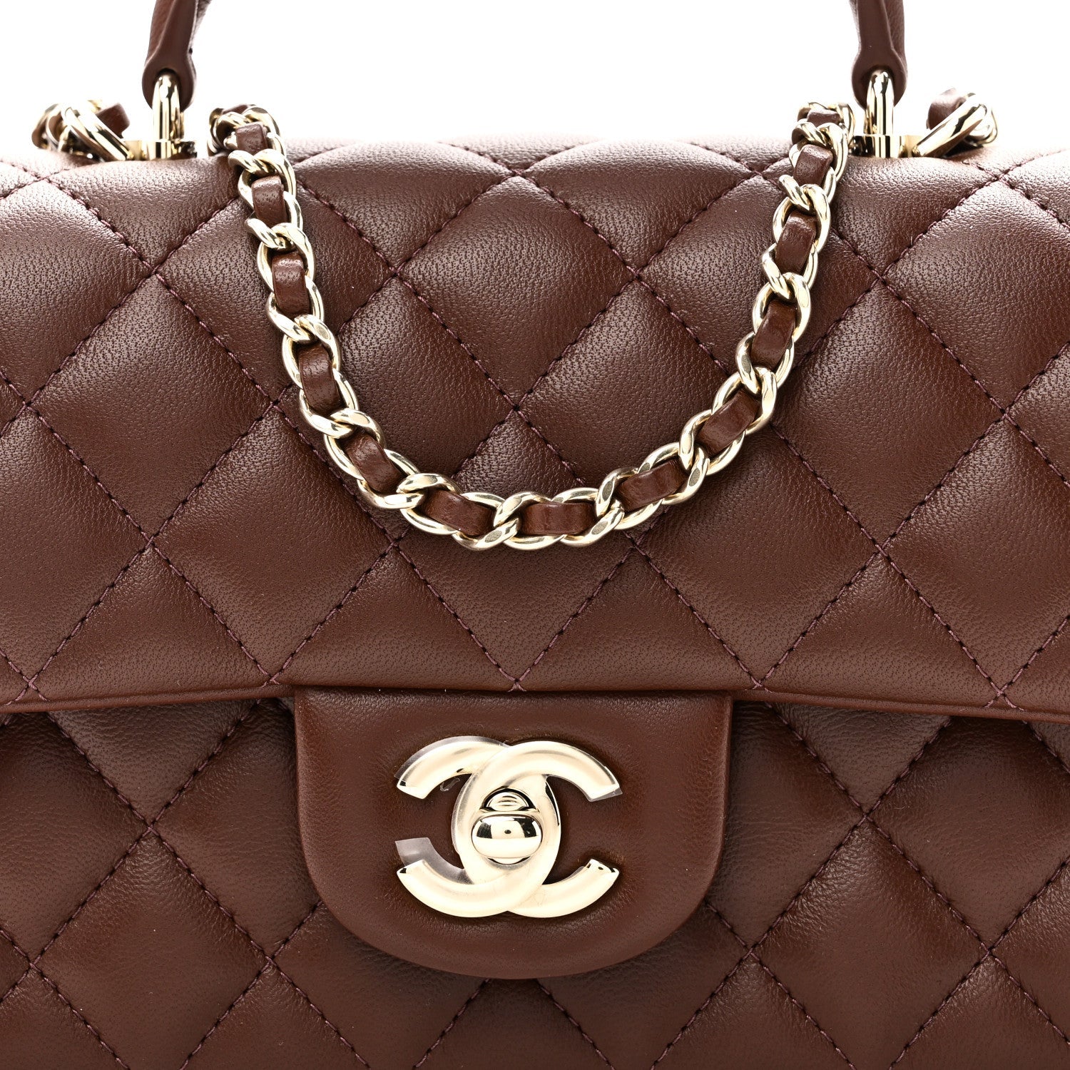 Lambskin Quilted Mini Top Handle Rectangular Flap Dark Brown