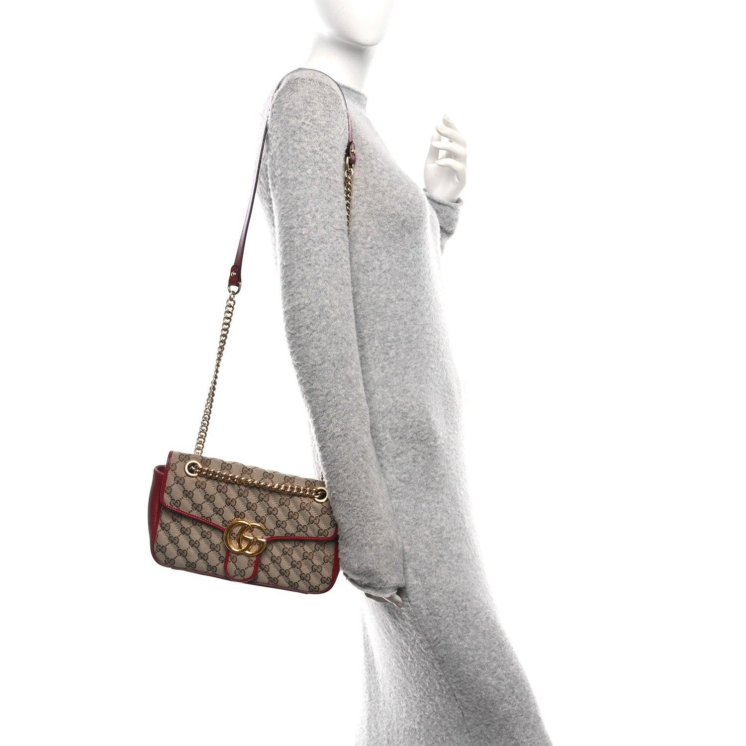 Monogram Azalea Calfskin Matelasse Diagonal Small GG Marmont Chain Shoulder Bag Beige Ebony New Cherry Red