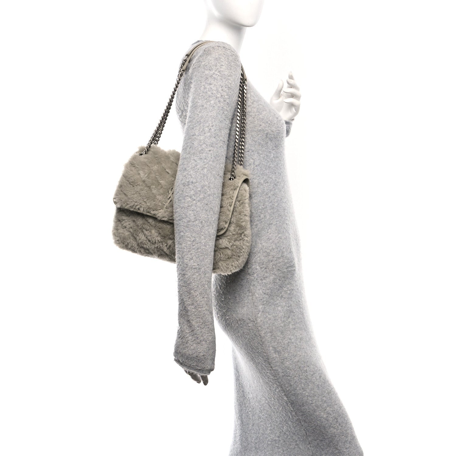 Calfskin Shearling Monogram Medium Niki Chain Satchel Grey