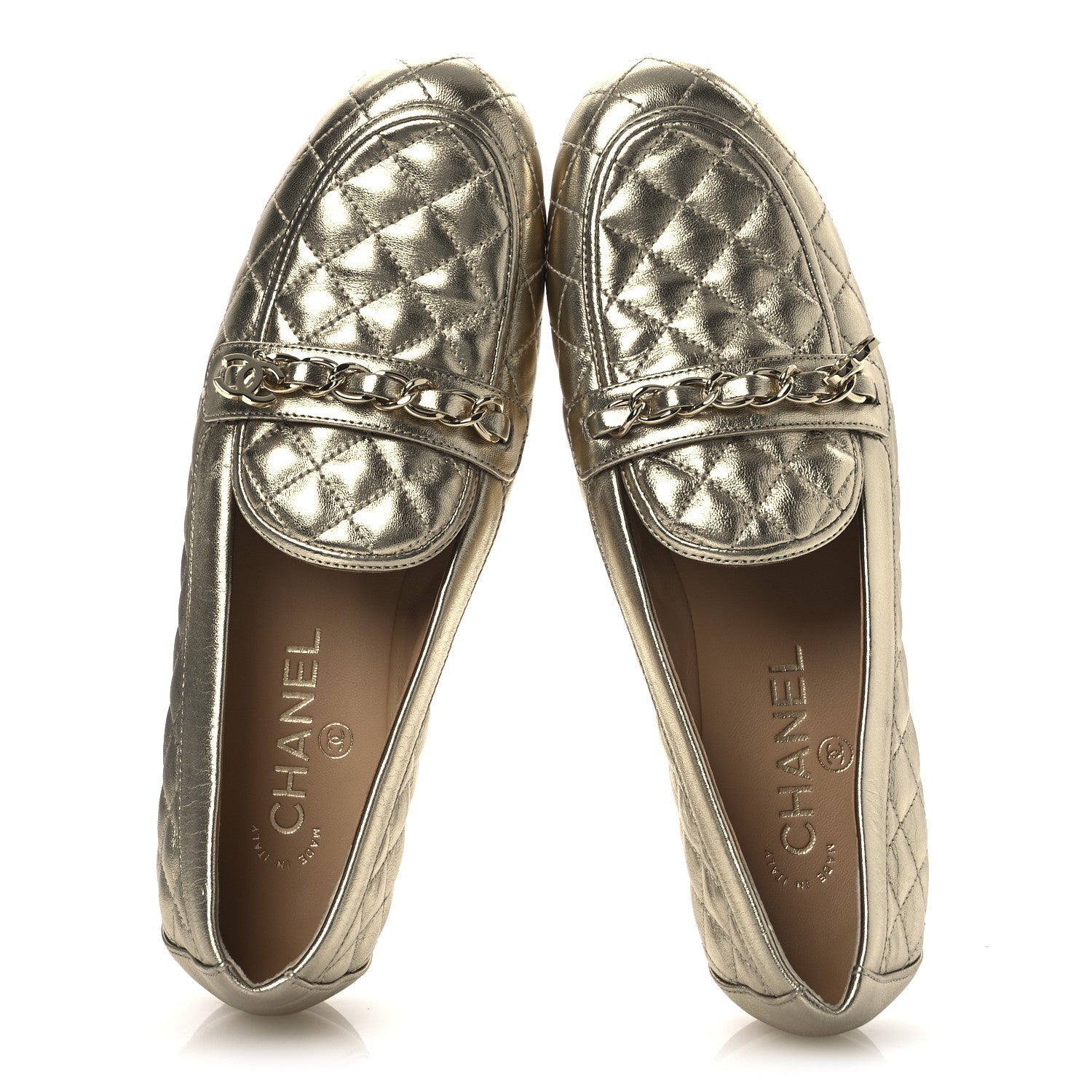 Metallic Lambskin Quilted Womens Chain CC Loafers 39.5 Gold