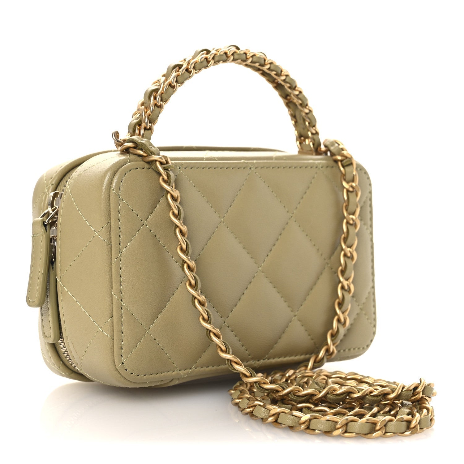 Lambskin Quilted Chain Top Handle Mini Vanity Case Light Green