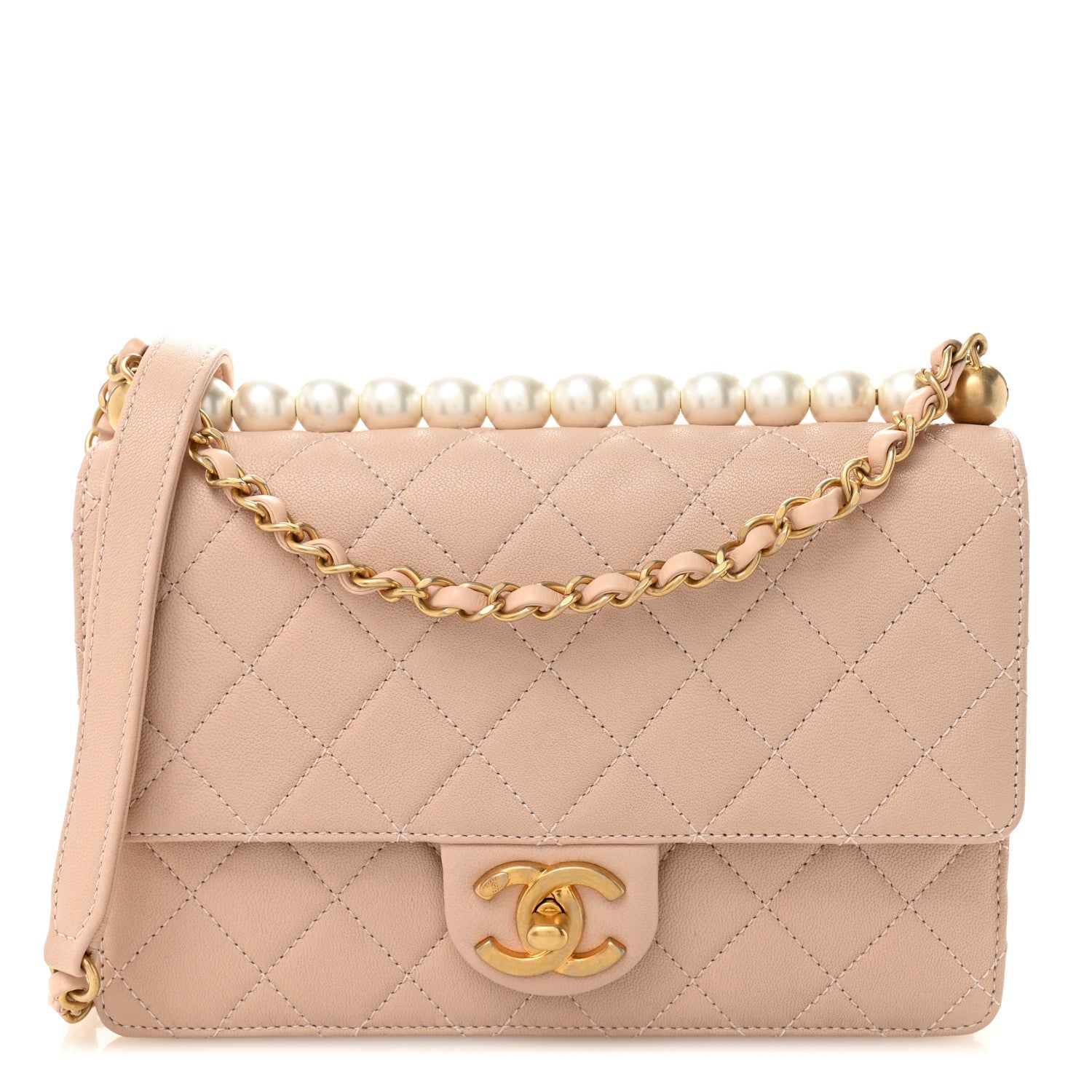Goatskin Quilted Small Chic Pearls Flap Beige