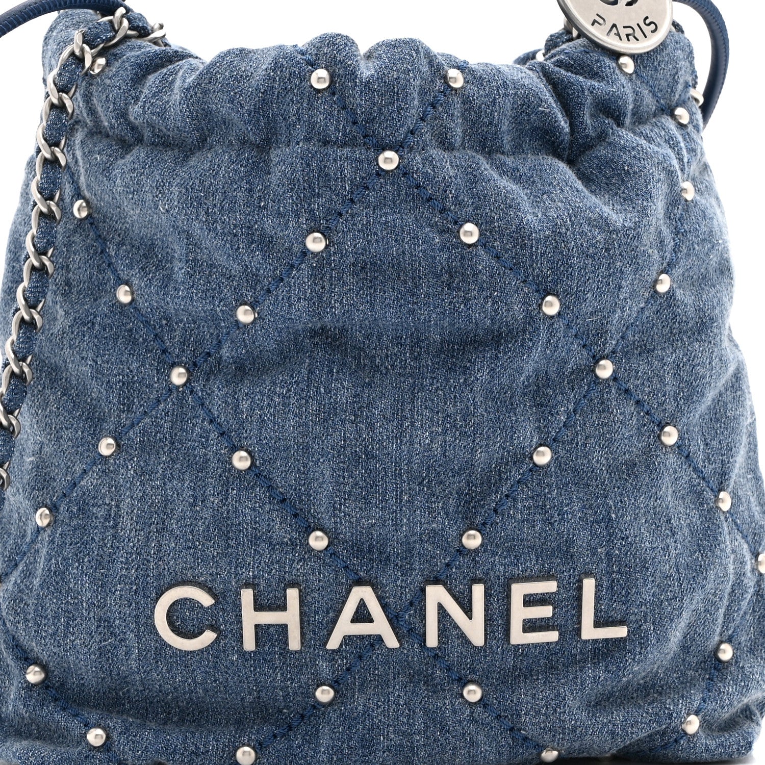 Washed Denim Quilted Studded Mini Chanel 22 Blue