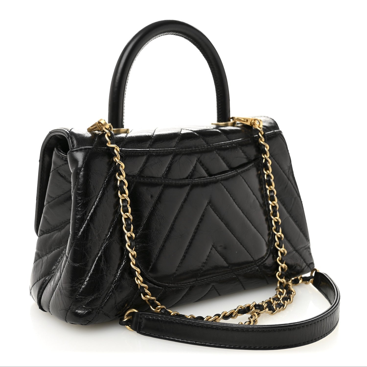 Aged Calfskin Chevron Quilted Mini Coco Handle Flap Black