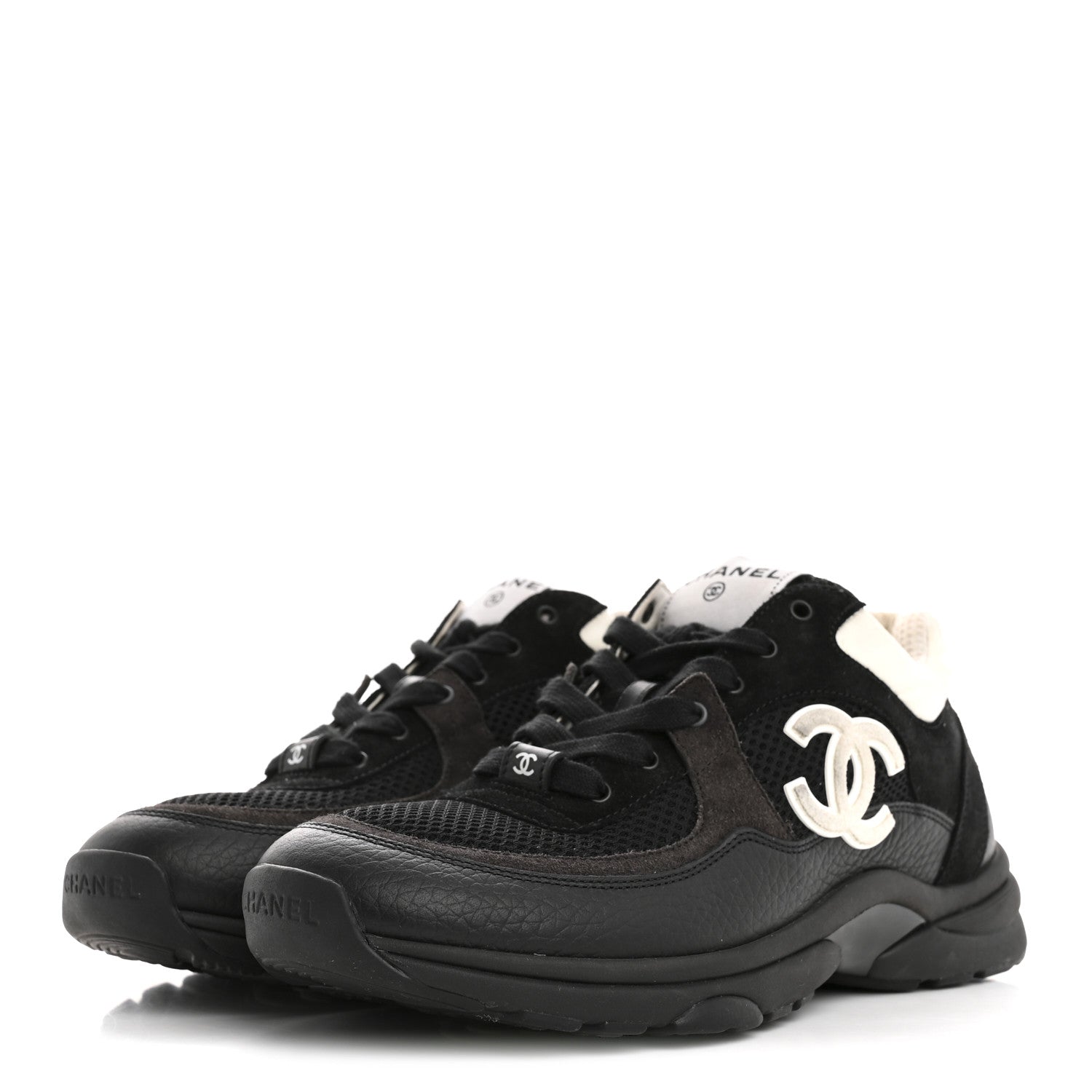 Mesh Suede Grained Calfskin Womens CC Sneakers 39.5 Black White
