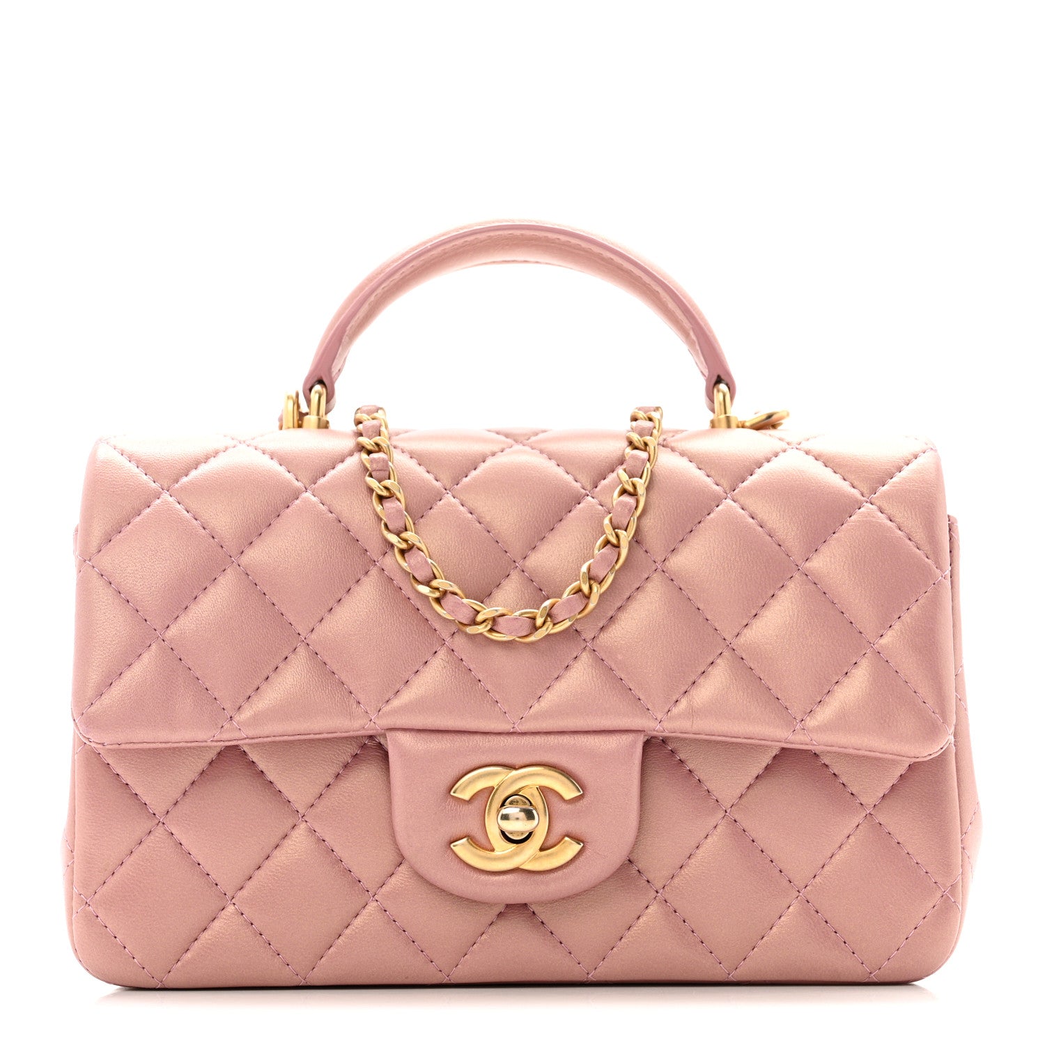 Iridescent Lambskin Quilted Mini Top Handle Rectangular Flap Pink