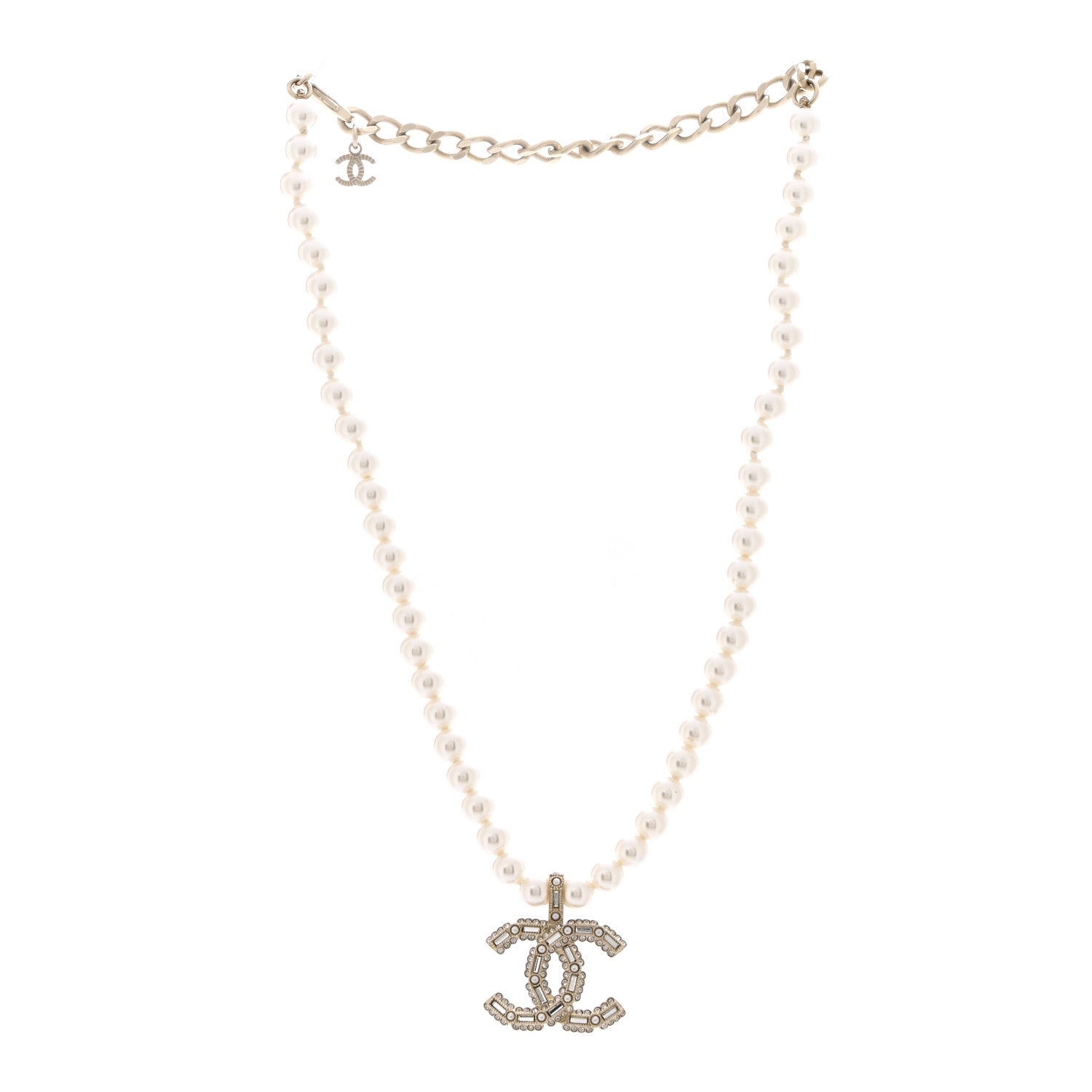 Pearl Crystal Baguette CC Short Necklace Gold