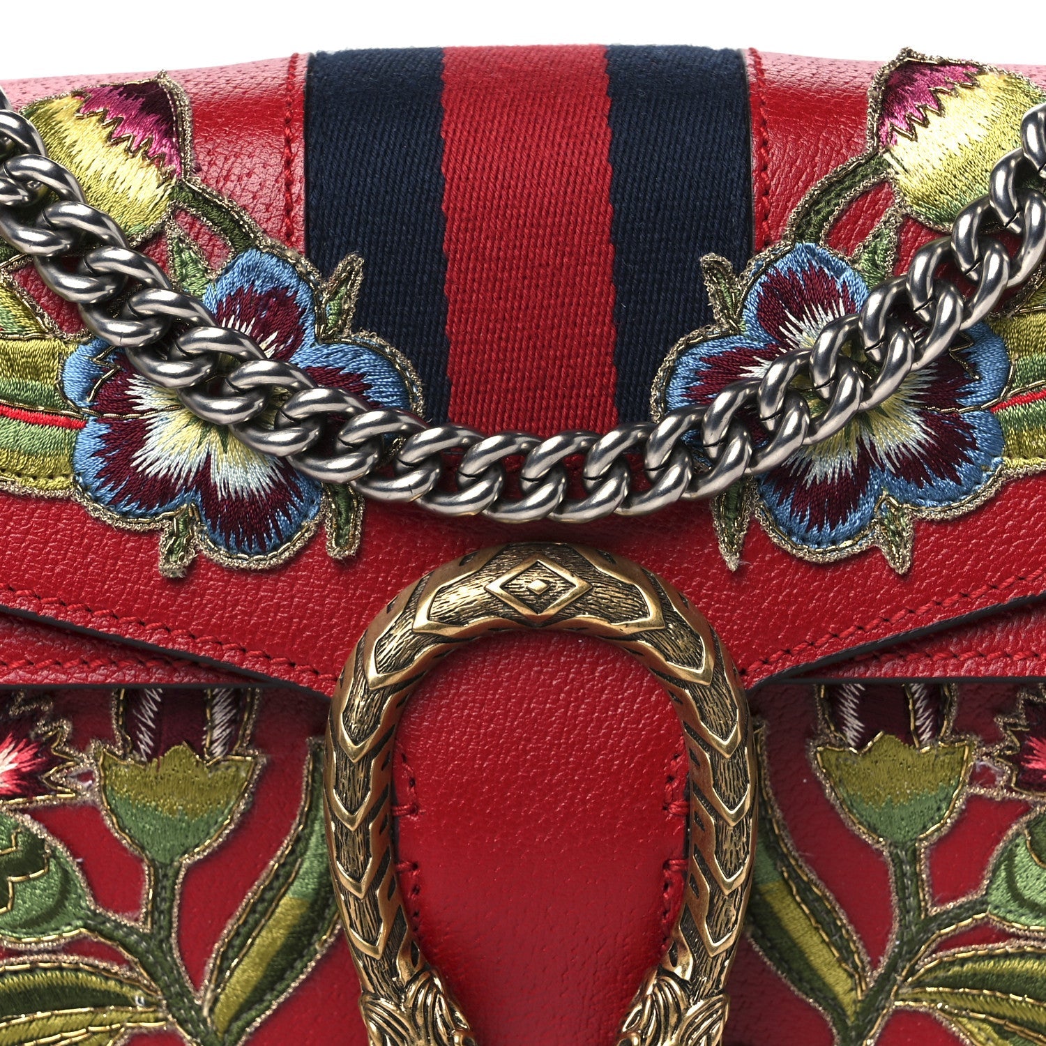 Calfskin Web Floral Embroidered Small Dionysus Shoulder Bag Hibiscus Red